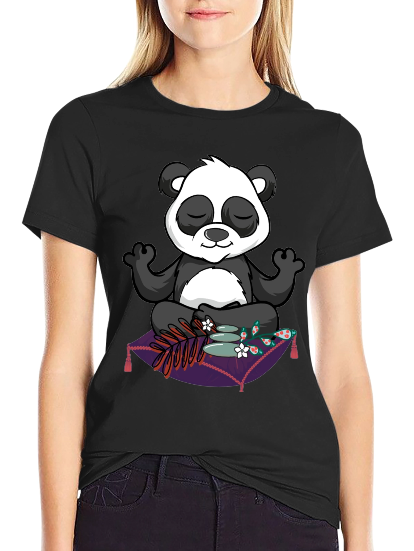 Black Zen Panda T-Shirt: Meditating Panda Design view 2