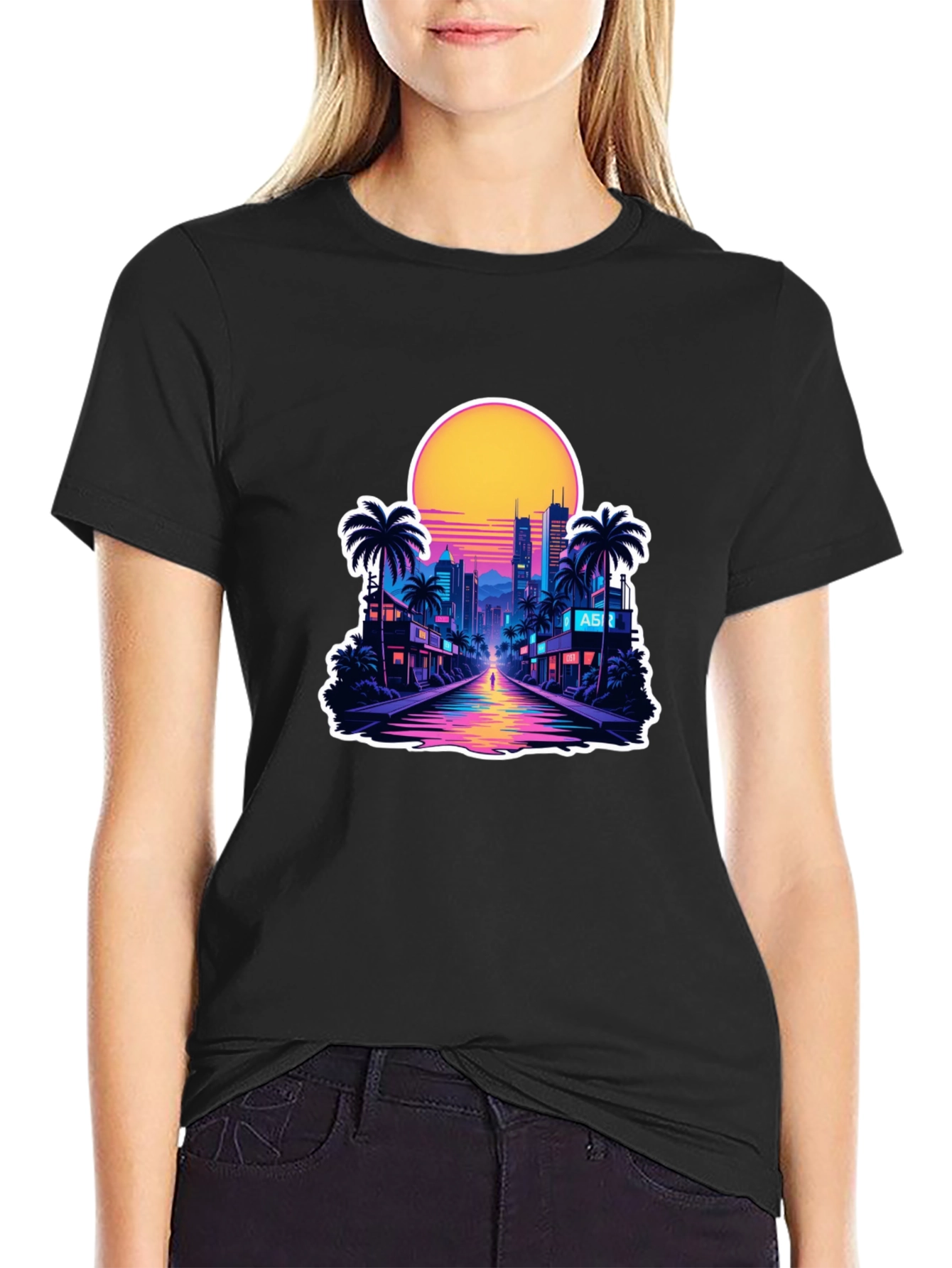 Black Retro Wave Cityscape T-Shirt view 2
