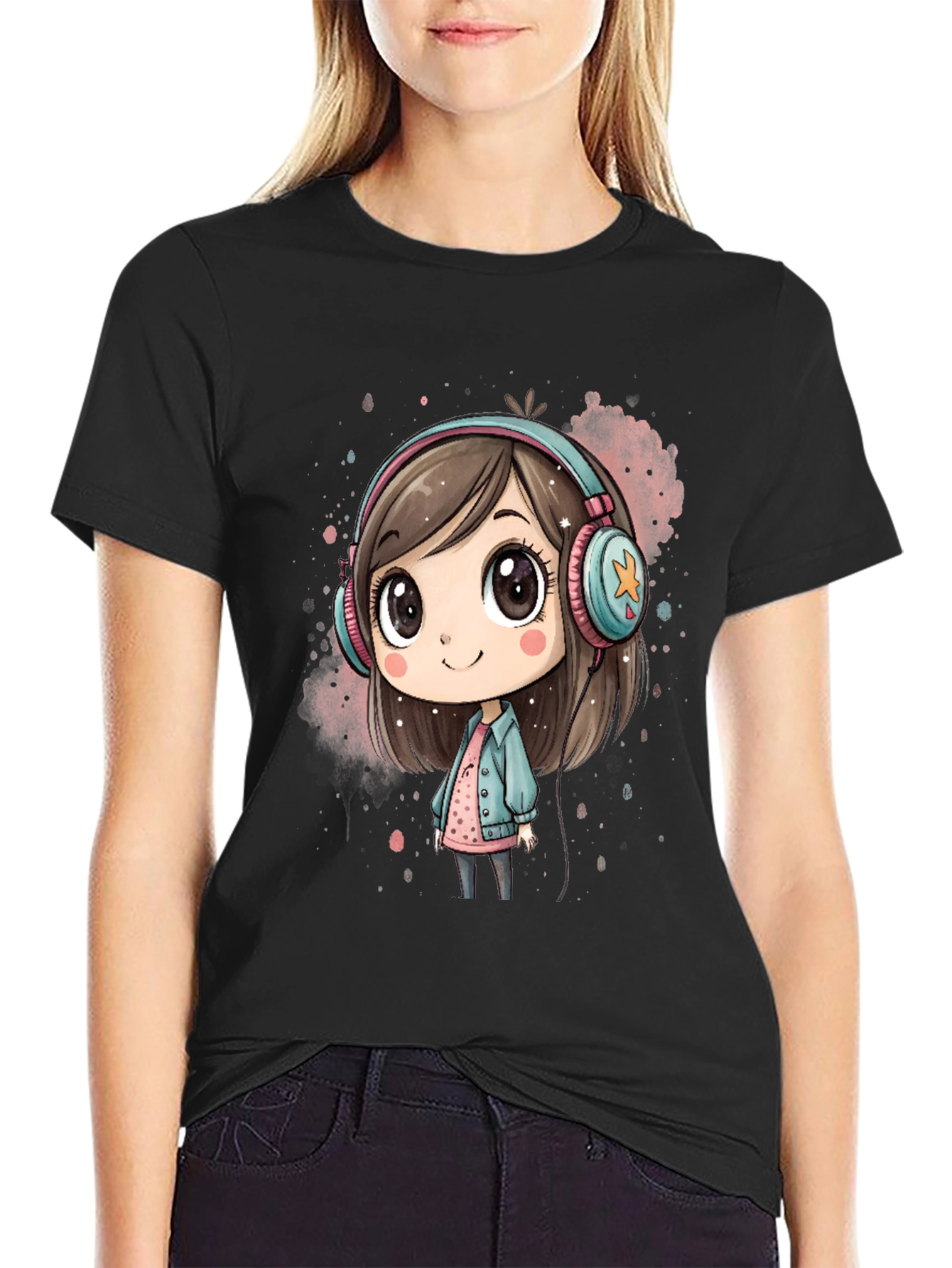 Black Cute Cartoon Girl Headphones Black T-Shirt view 2