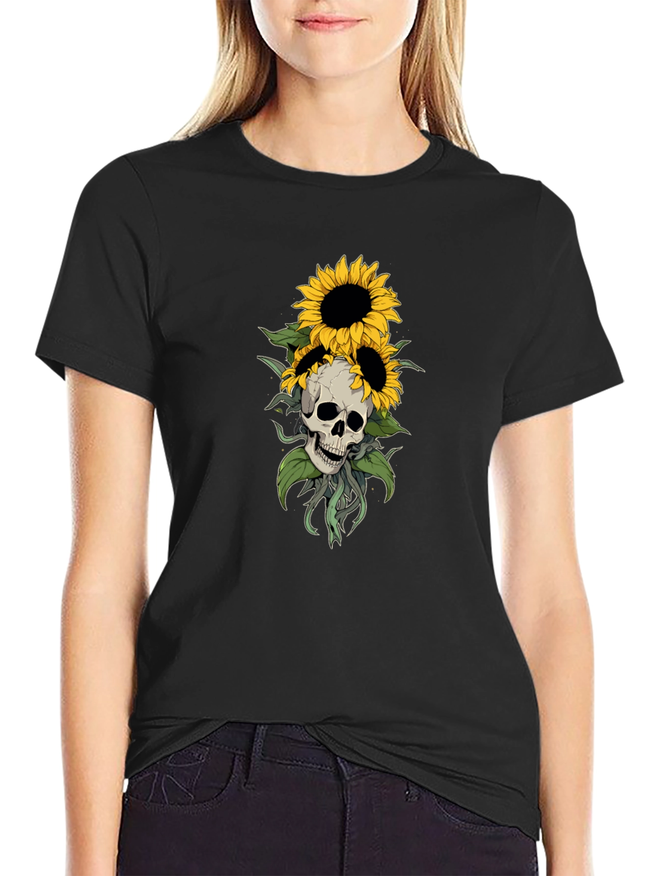 Black Skull & Sunflower Graphic Tee - Stylish Black T-Shirt view 2