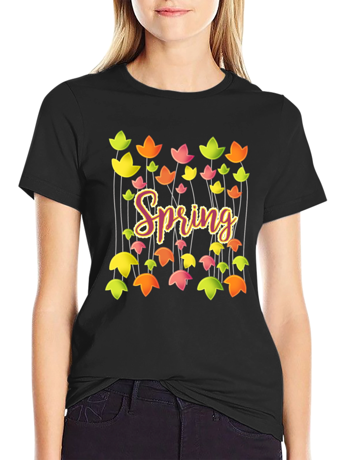 Black Spring Floral Graphic T-Shirt - Trendy Casual Tee view 2