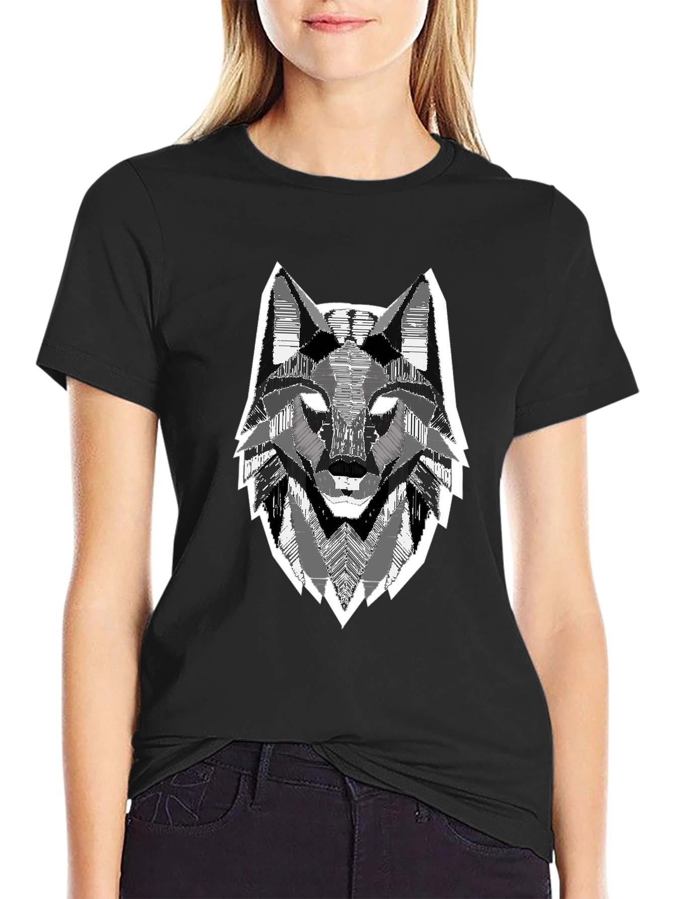 Black Geometric Wolf Head Graphic Print Black T-Shirt view 2