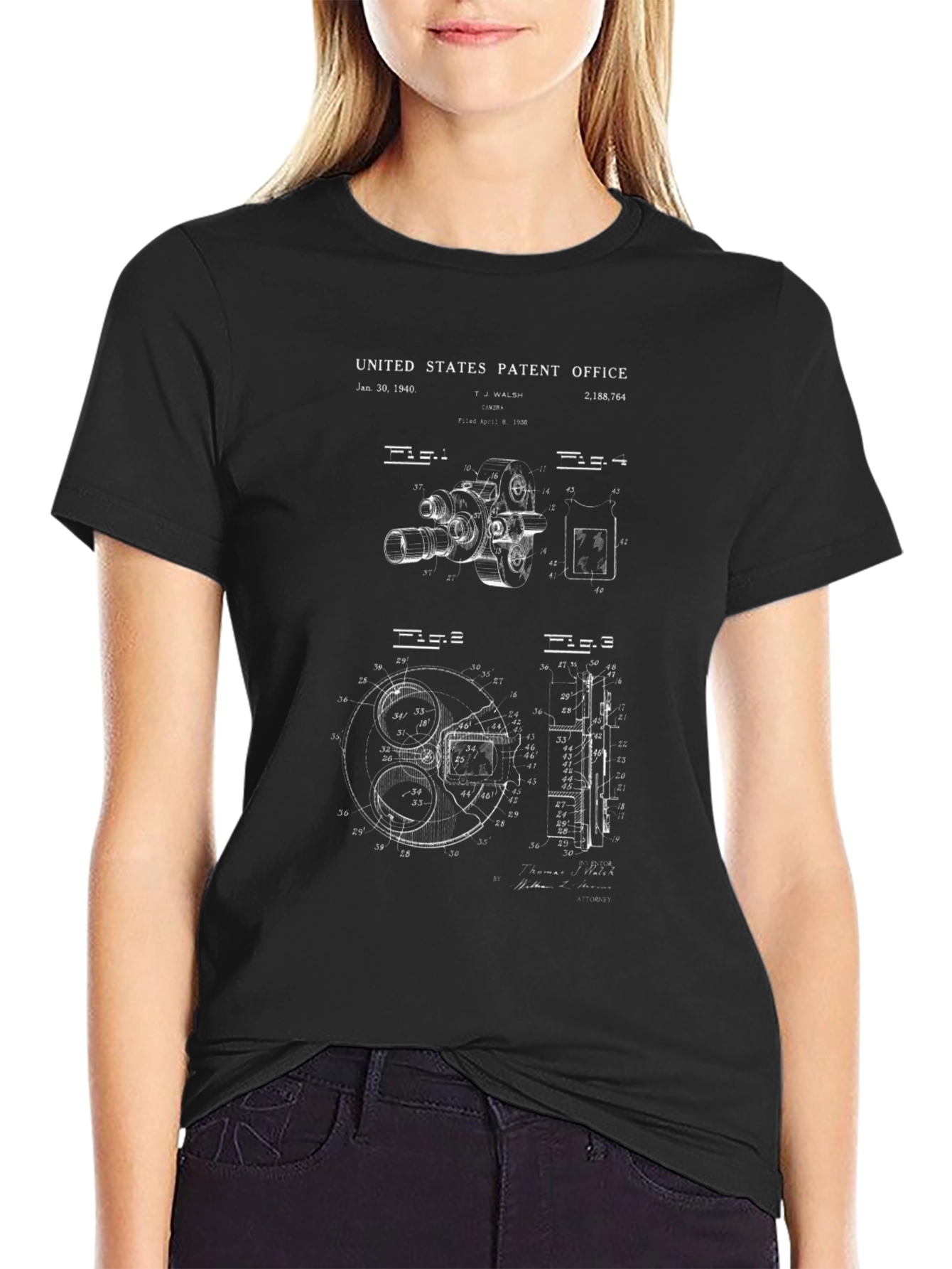 Black Vintage Camera Patent Print Black T-Shirt view 2