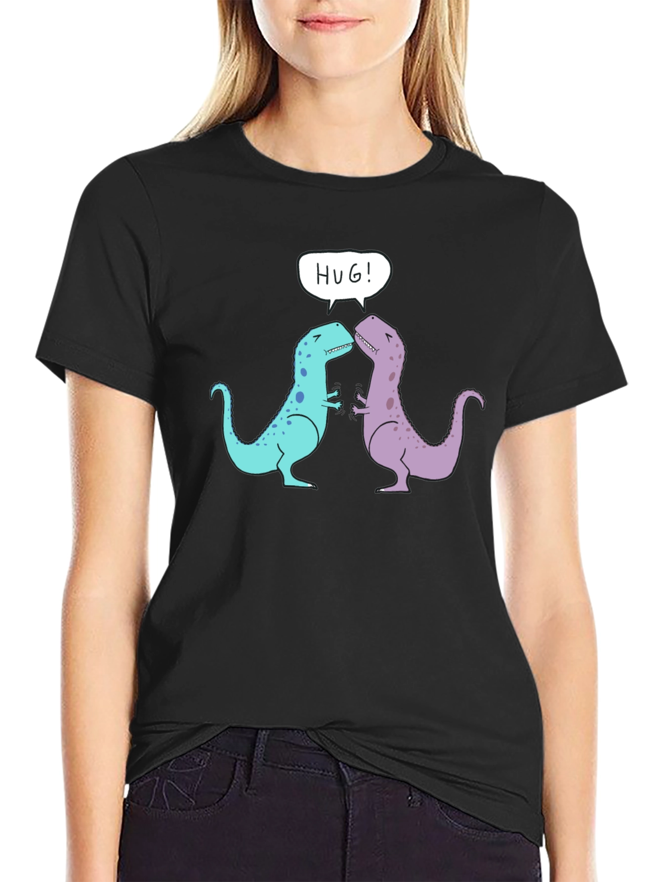 Black Dino Hug T-Shirt - Cute Cartoon Dinosaur Graphic Tee view 2