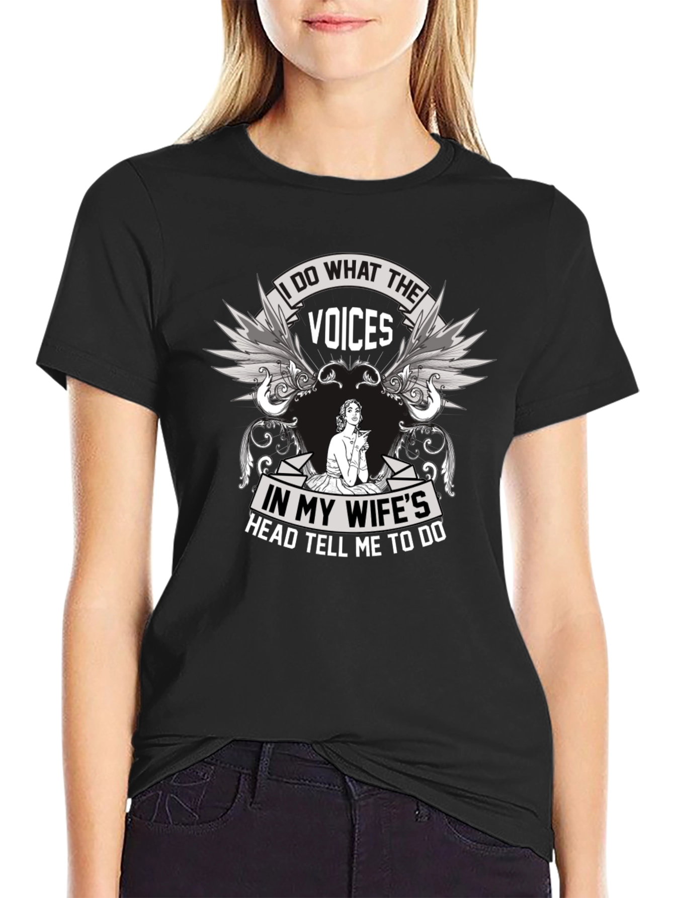 Black Humorous "Voices" Graphic T-Shirt view 2
