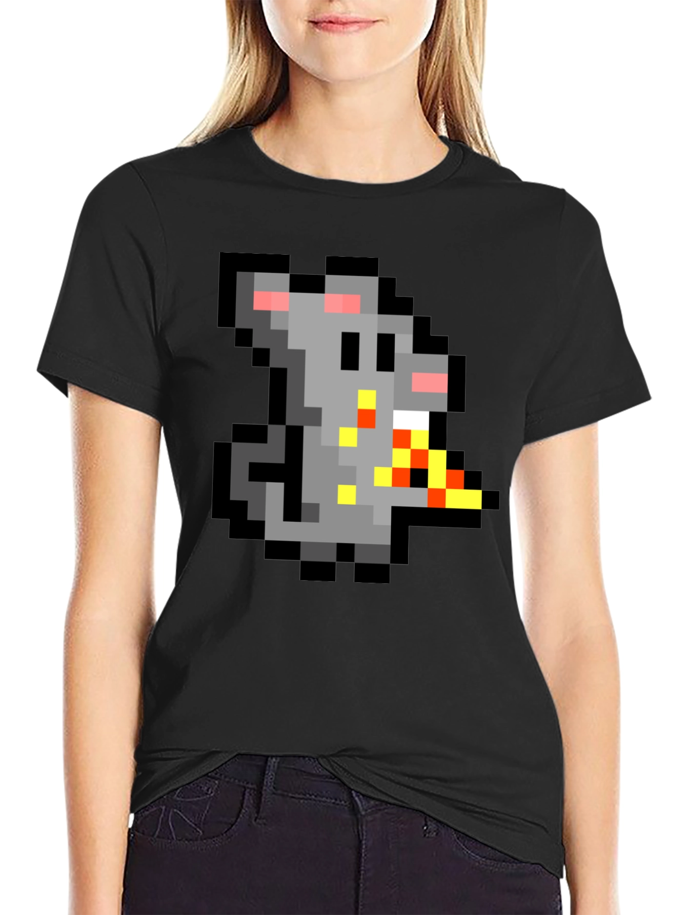 Black Pixel Rat Eating Pizza Graphic Tee view 2