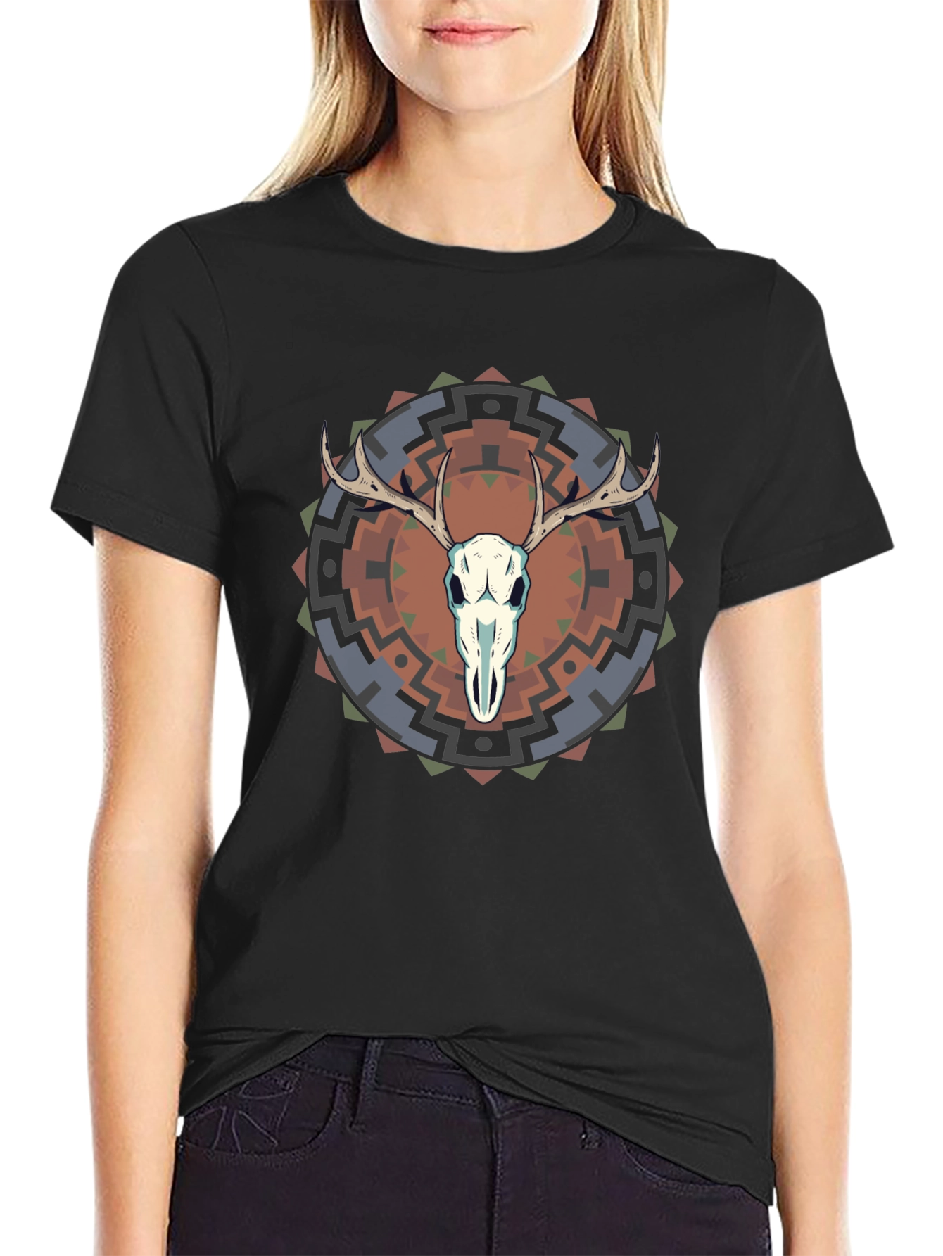Black Skull Antler Graphic Tee - Trendy Design view 2