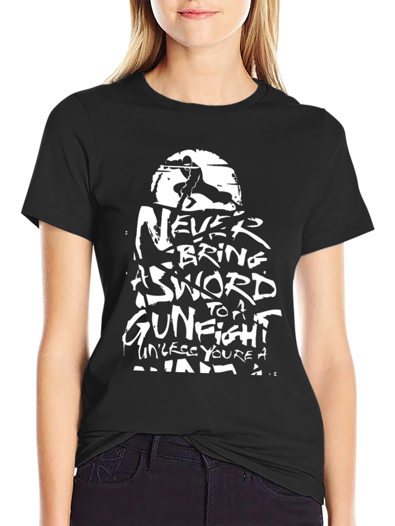 Black Ninja Sword Gunfight Men's Black T-Shirt view 2