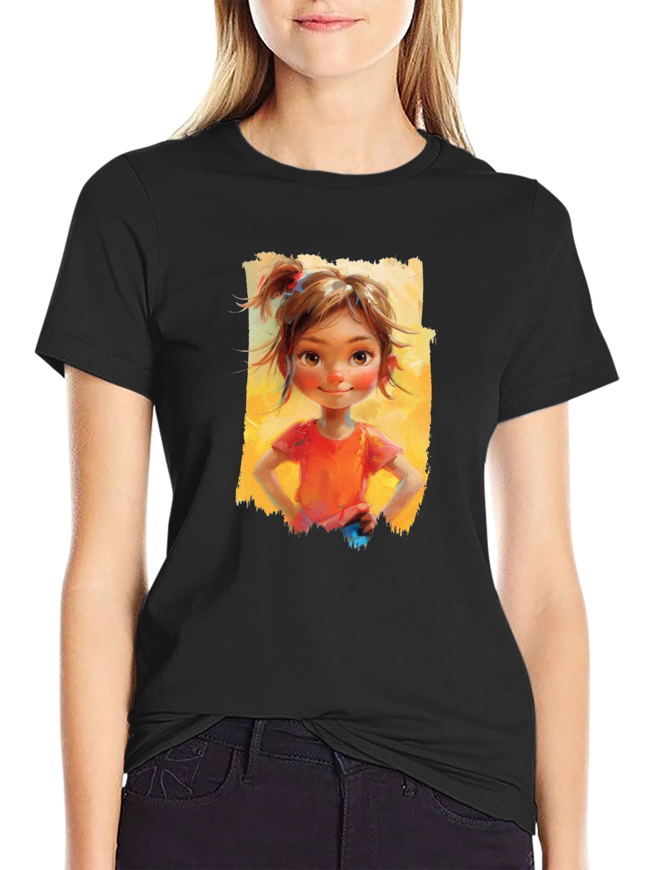 Black Girl Portrait Graphic Tee - Black Cotton Casual Top view 2