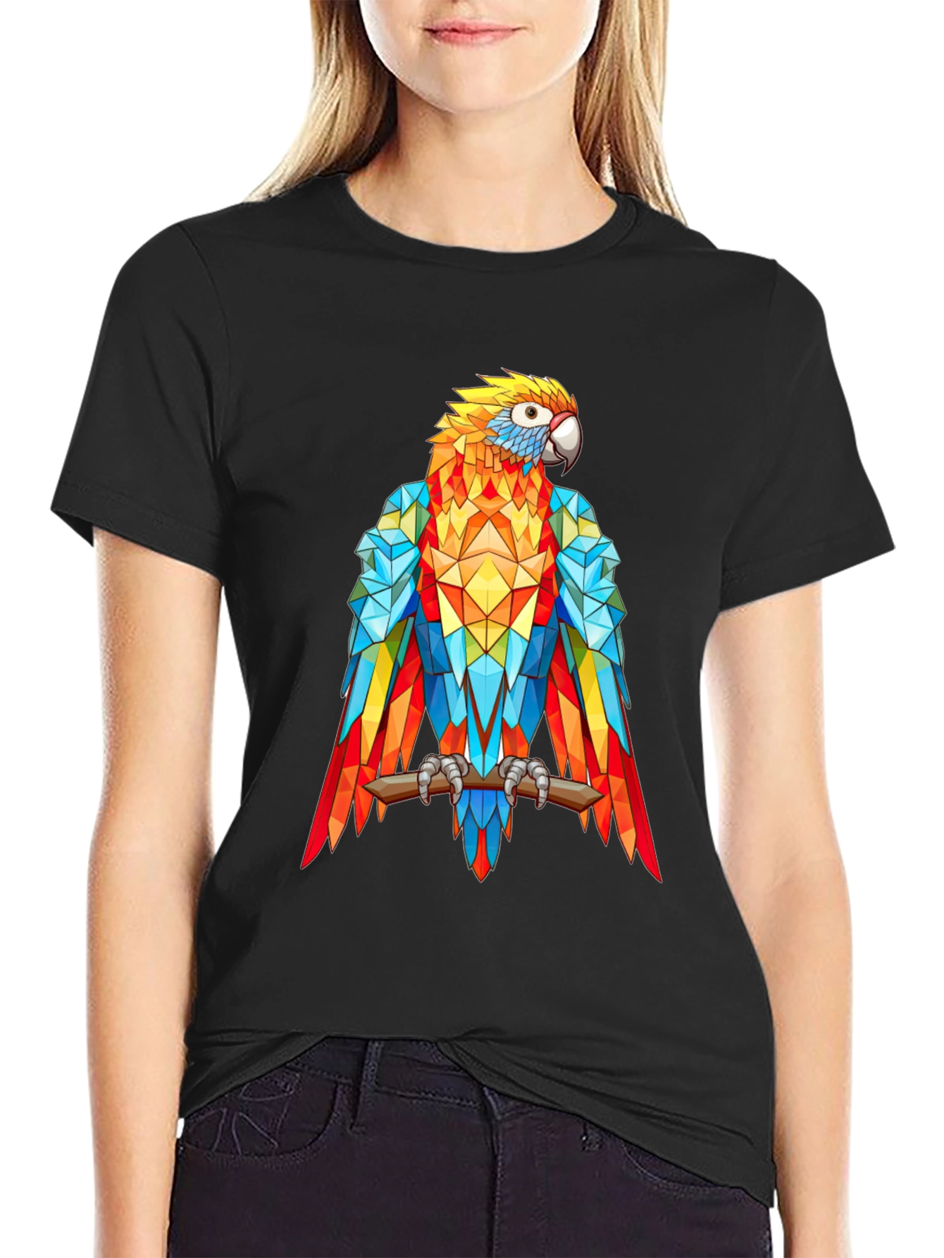 Black Geometric Parrot Graphic Print T-Shirt - Black view 2