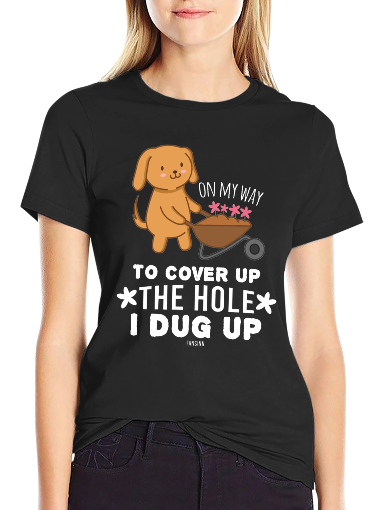Black Cute Dog 'Cover Up Hole' Black Graphic T-Shirt view 2