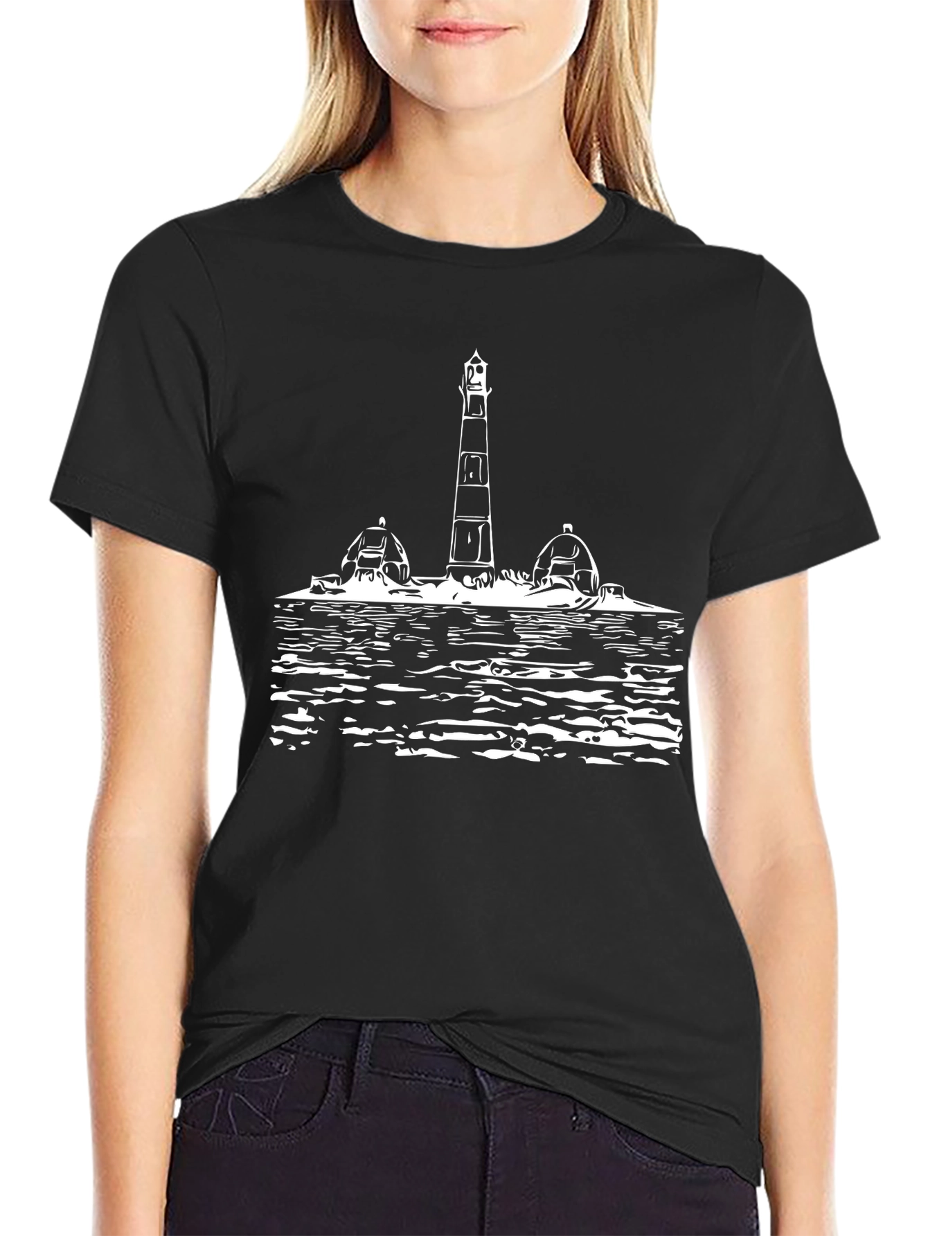 Black Lighthouse Graphic Tee - Black Cotton T-Shirt view 2