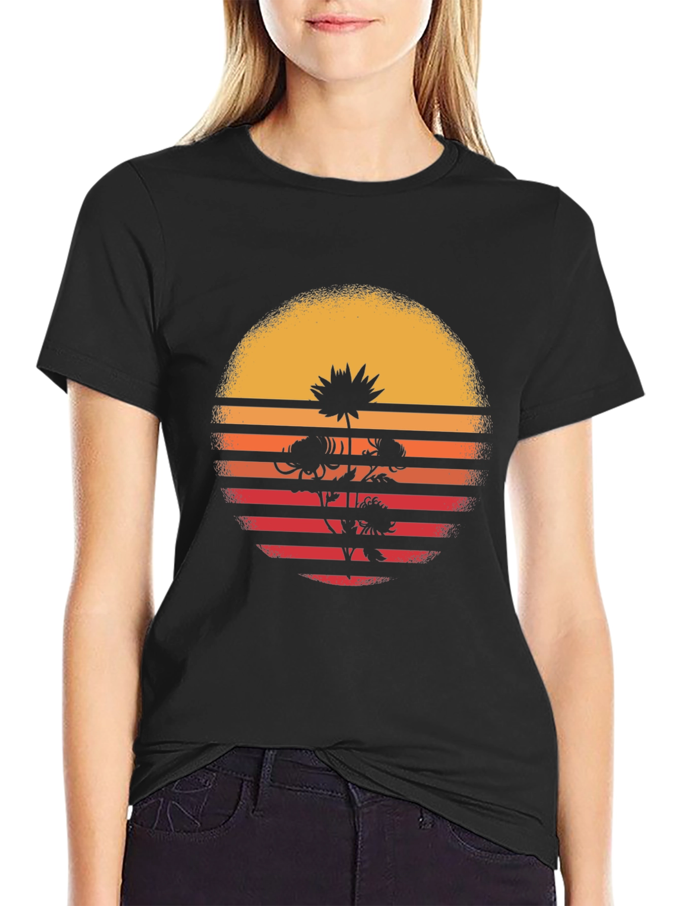 Black Retro Sunset Flower Graphic T-Shirt - Black view 2