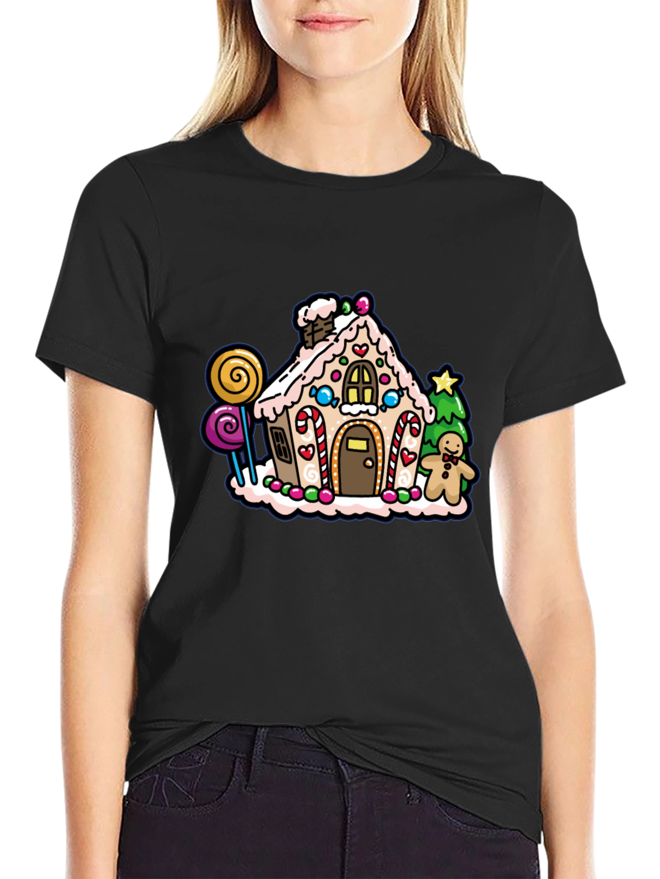 Black Gingerbread House Graphic Tee - Festive Holiday Shirt view 2