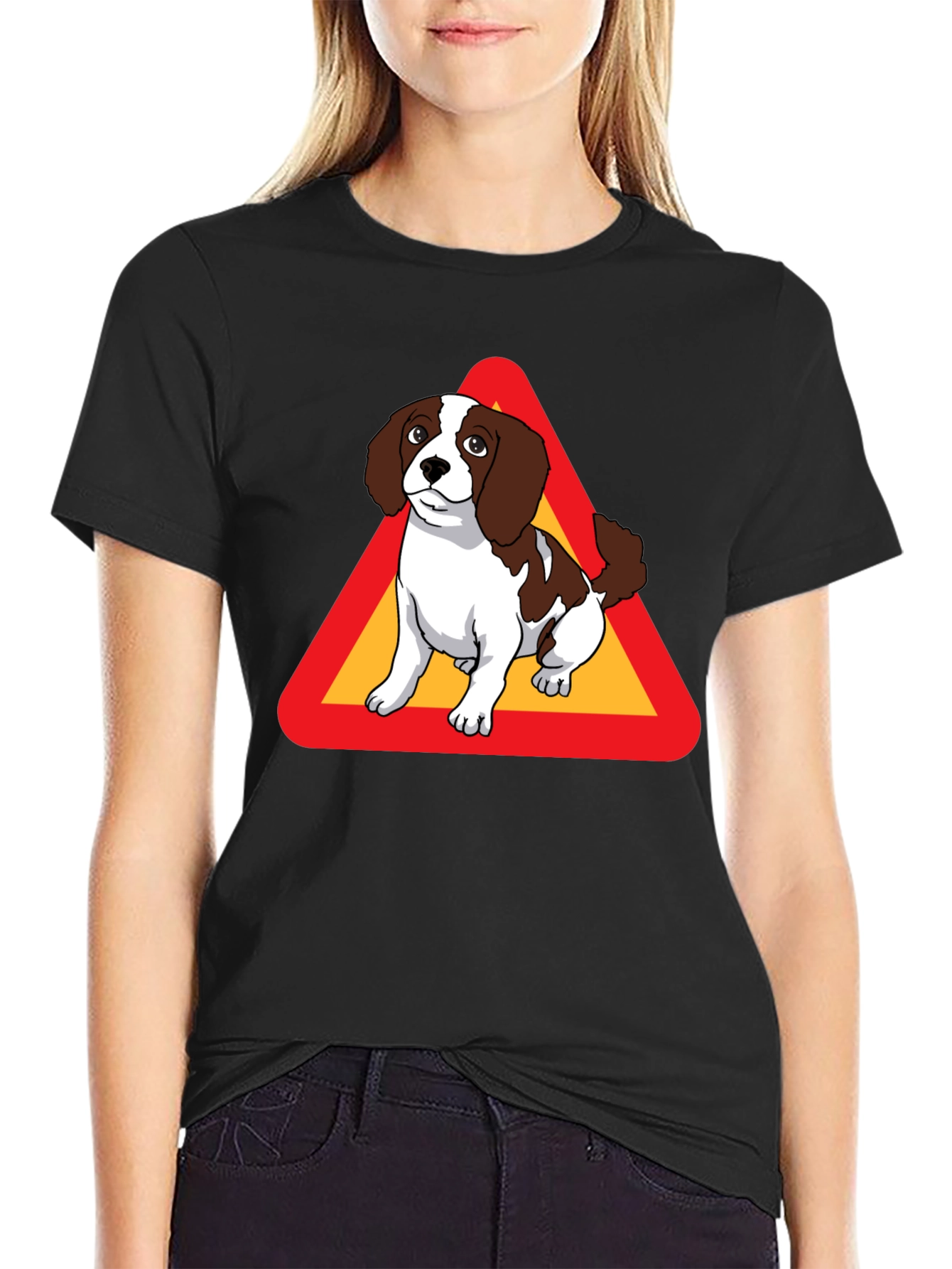 Black Dog Warning Sign Graphic Tee - Black Cotton T-Shirt view 2