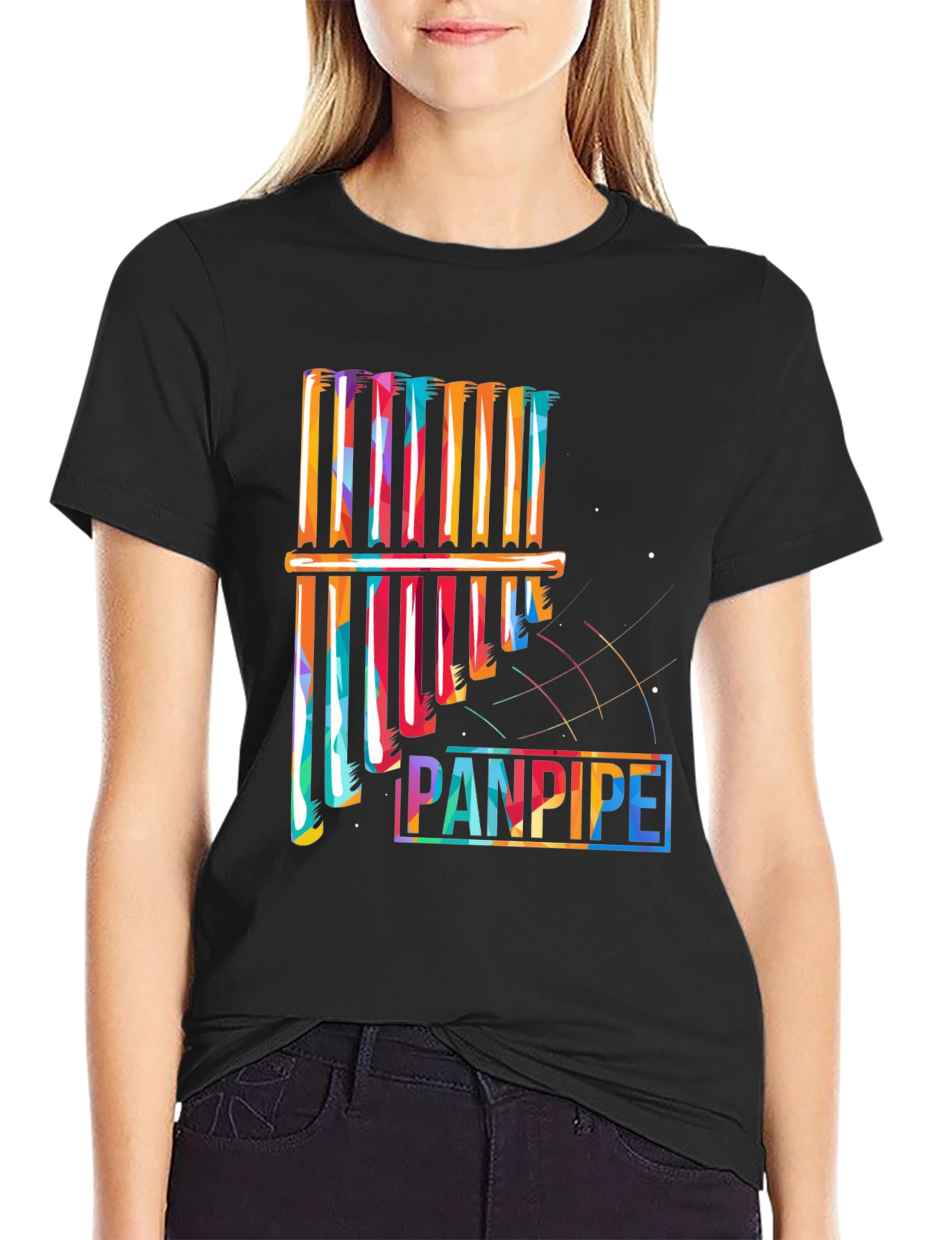 Black Colorful Panpipe Graphic Tee - Musical Instrument Shirt view 2