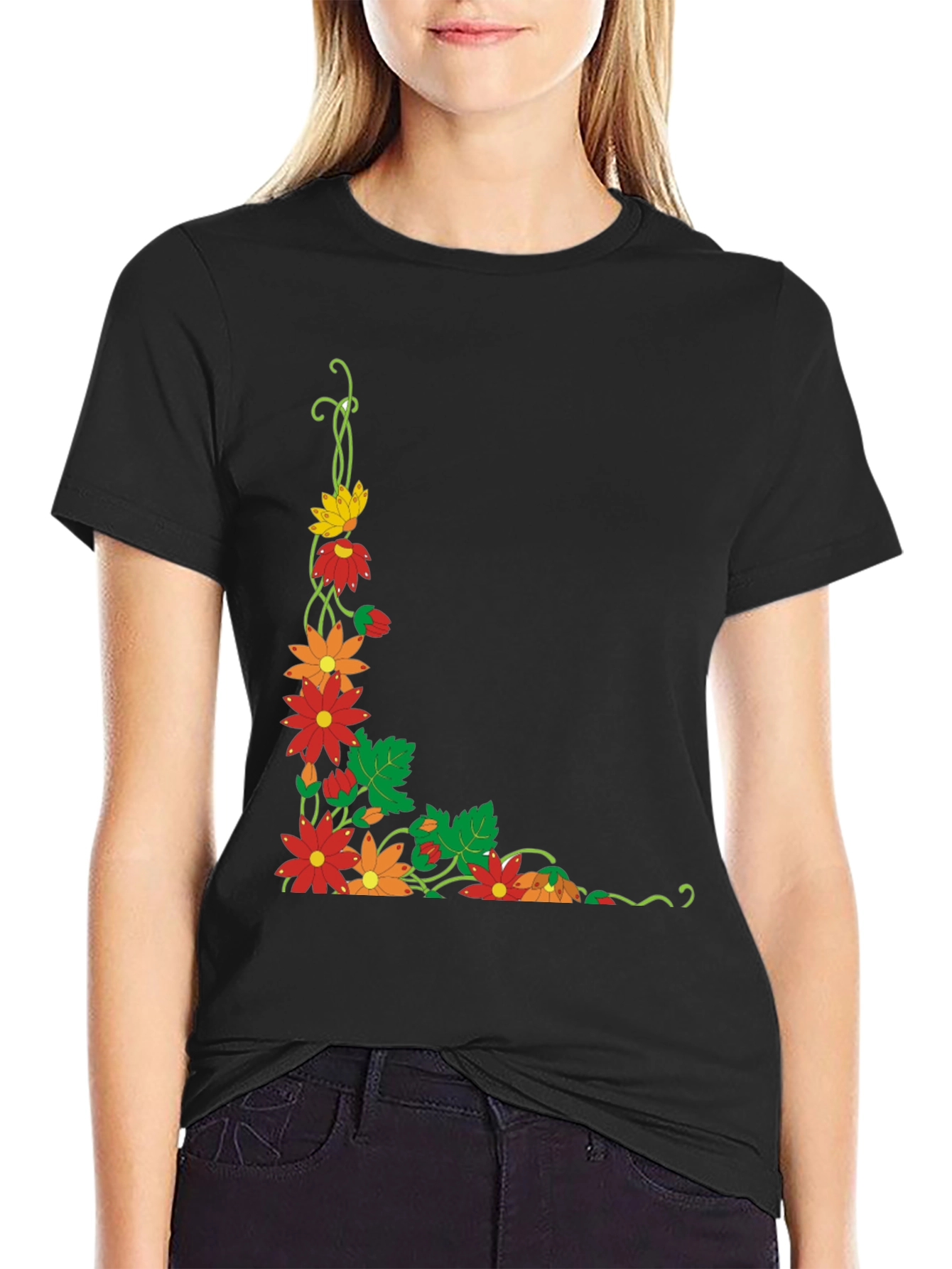 Black Floral Corner Design Black T-Shirt view 2