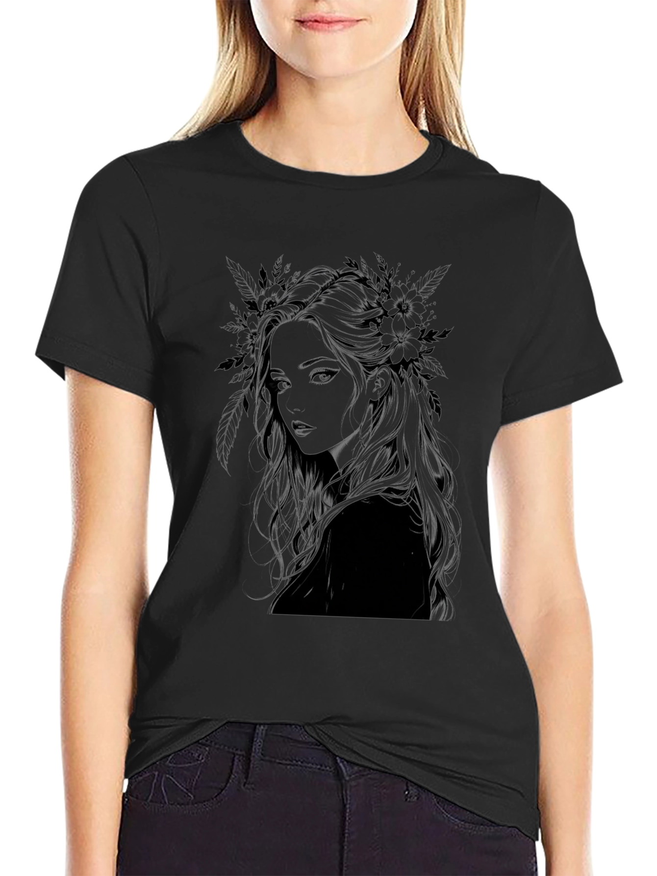 Black Dark Floral Woman Graphic Print Tee view 2