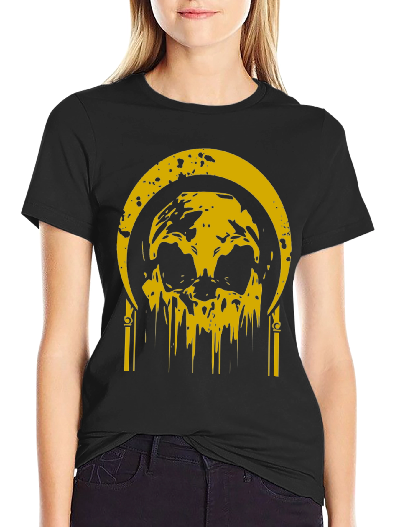 Black Black T-Shirt with Golden Skull Graphic view 2