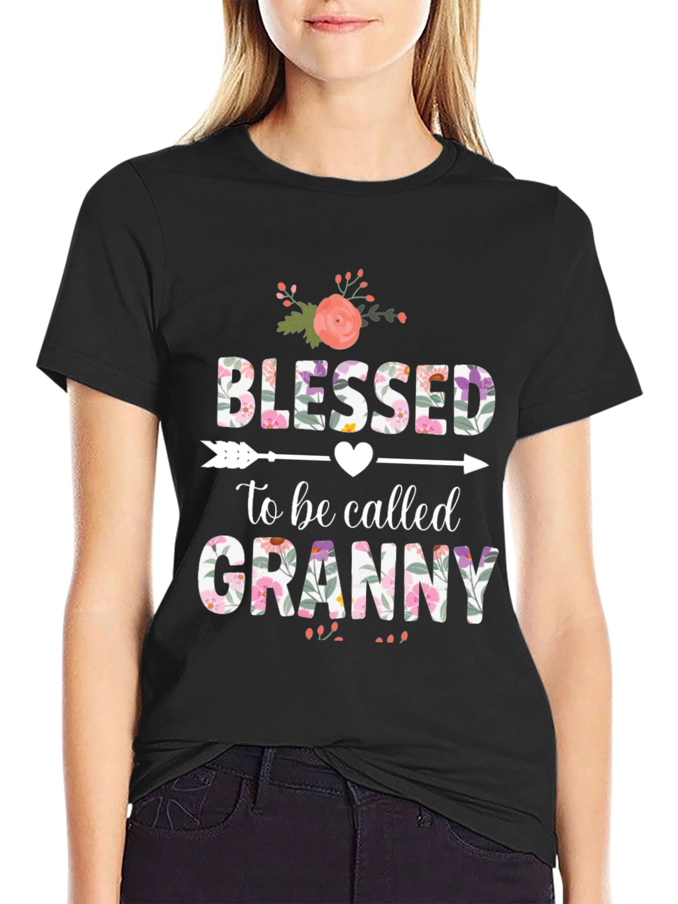 Black Blessed to be Called Granny T-Shirt Floral Design view 2