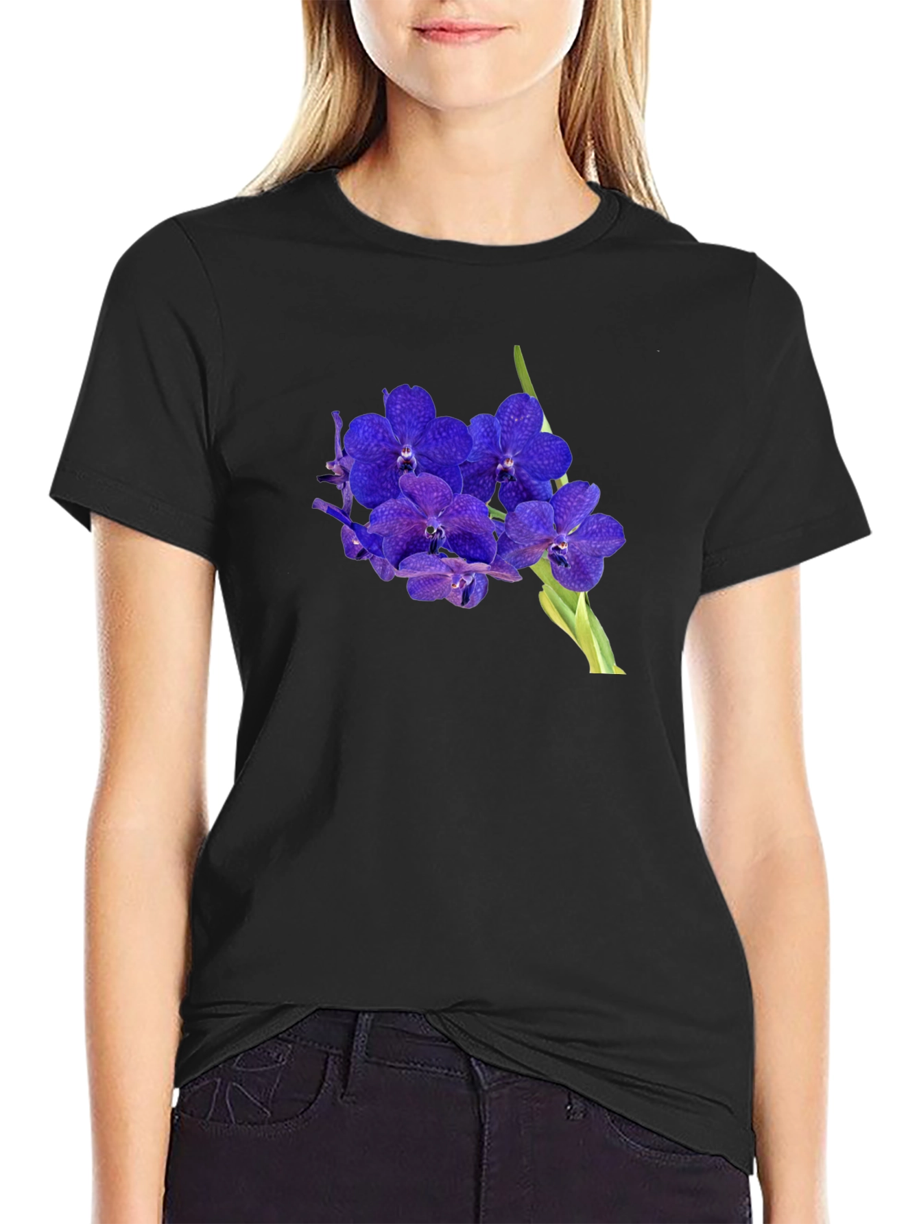 Black Floral Graphic Tee - Stylish Orchid Design view 2