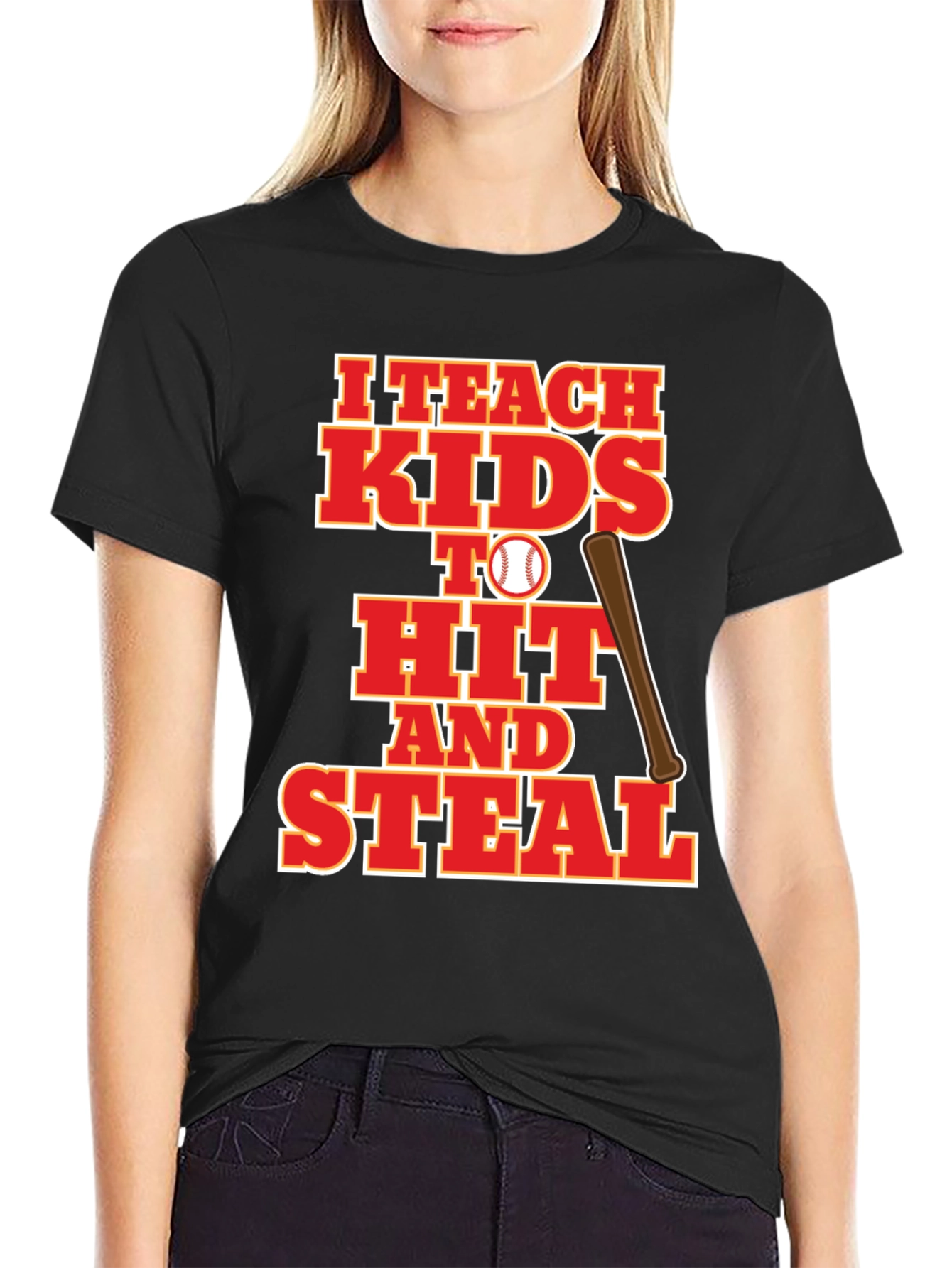Black I Teach Kids to Hit and Steal Baseball T-Shirt view 2