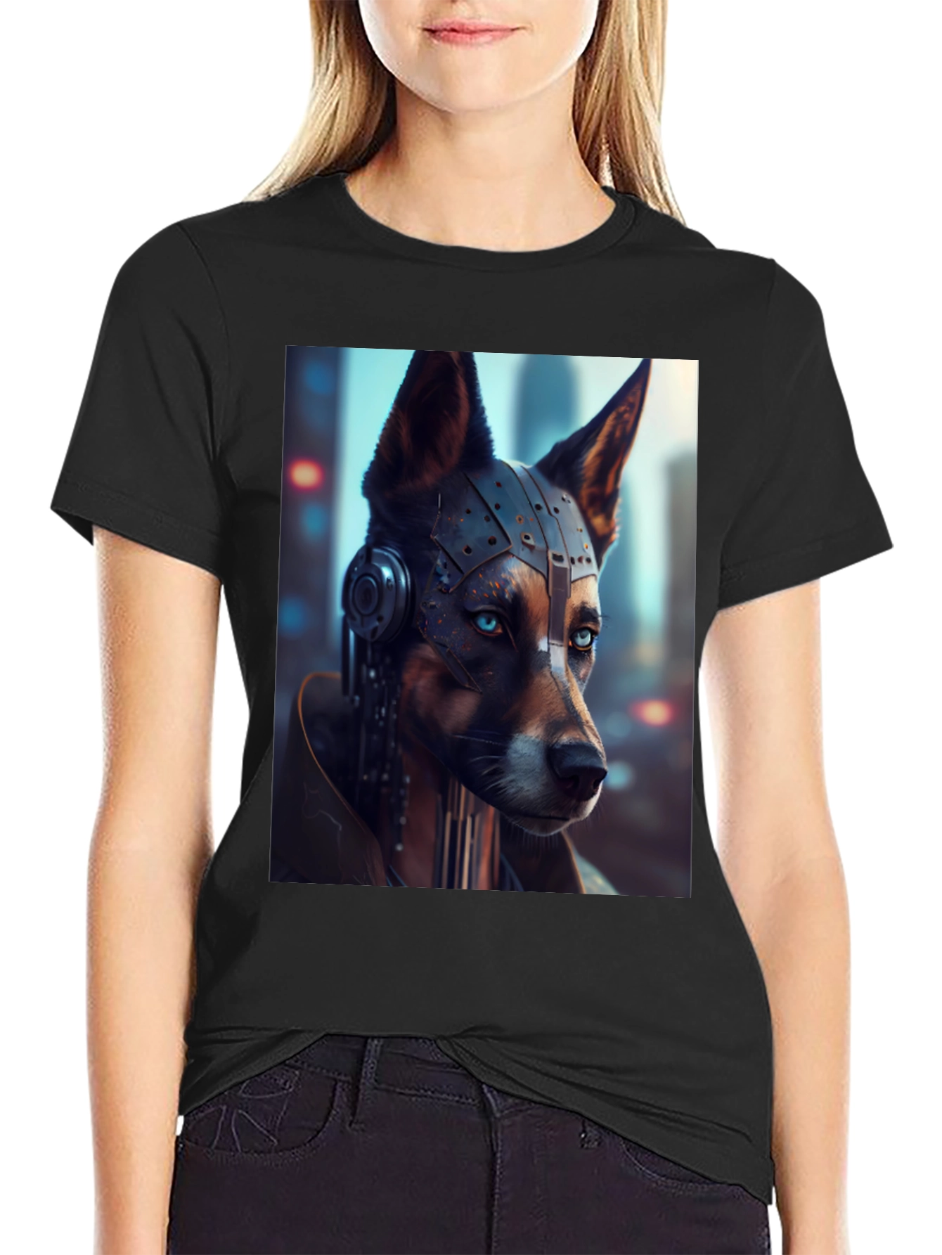 Black Cyberpunk Dog Graphic T-Shirt view 2