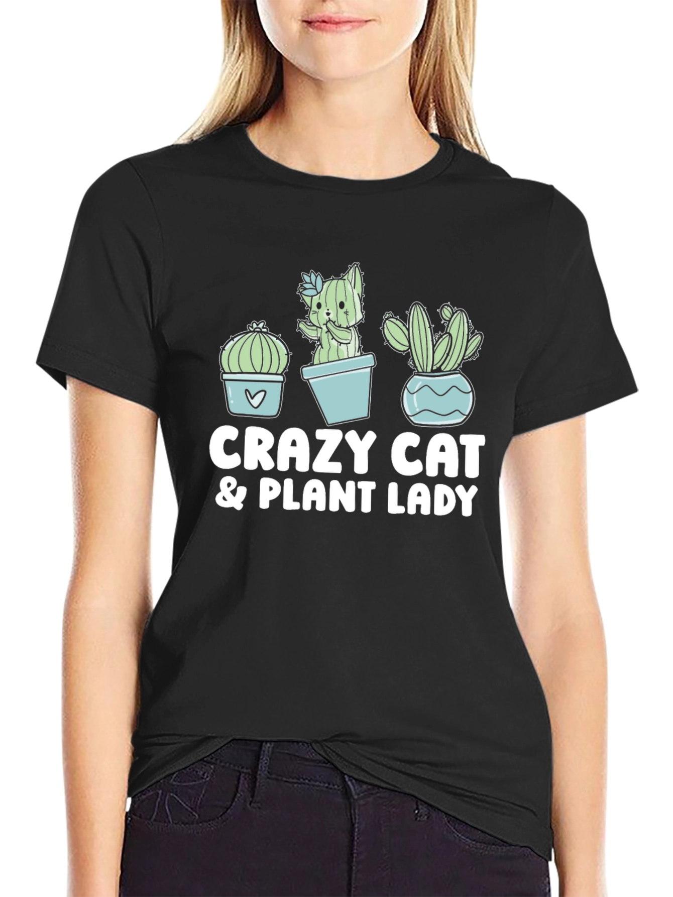 Black Crazy Cat & Plant Lady Black T-Shirt view 2