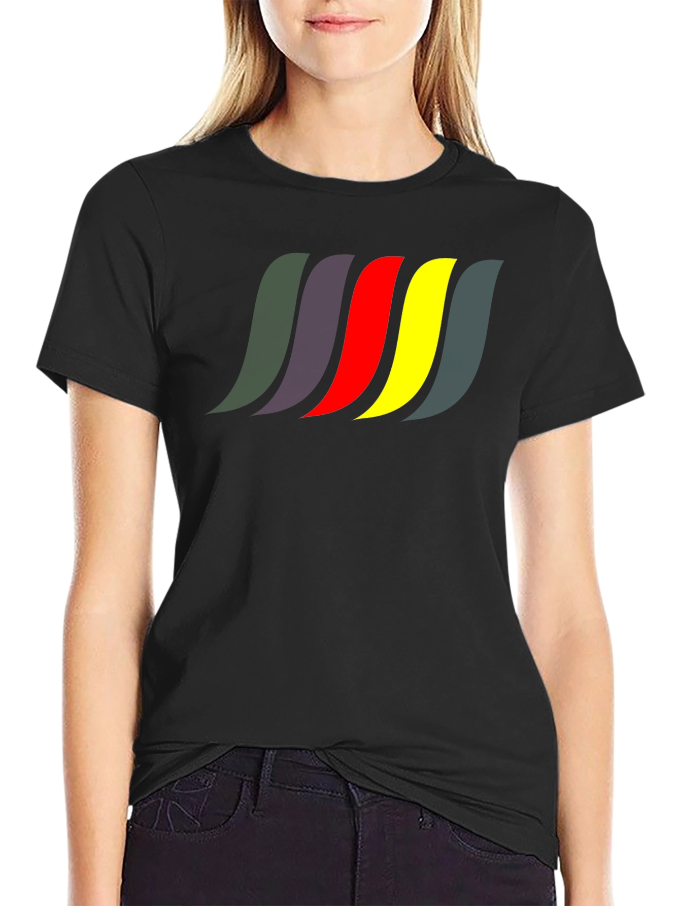 Black Men's Black T-Shirt with Retro Color Wave Design view 2