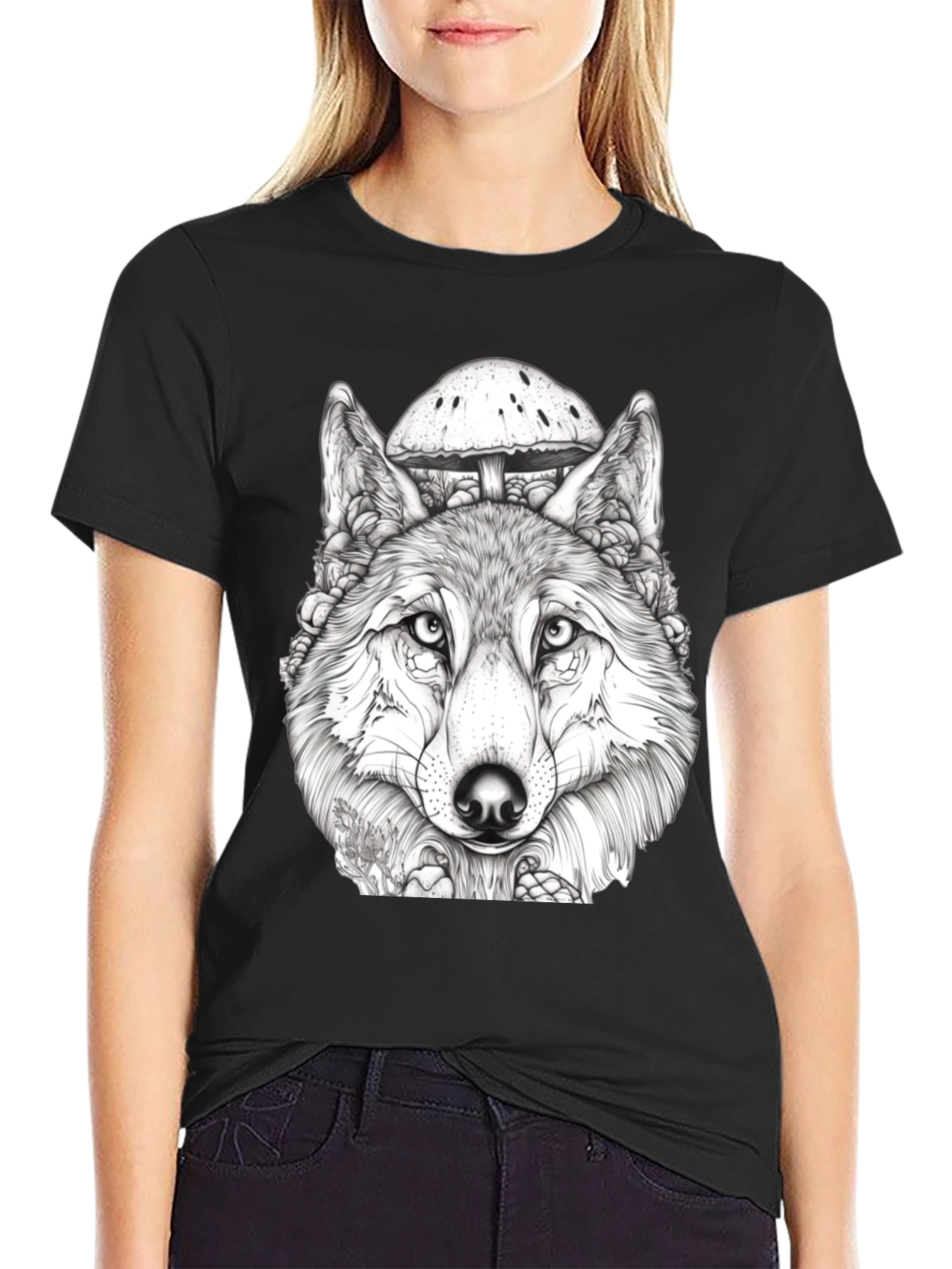 Black Wolf & Mushroom Graphic Tee - Unisex Black T-Shirt view 2
