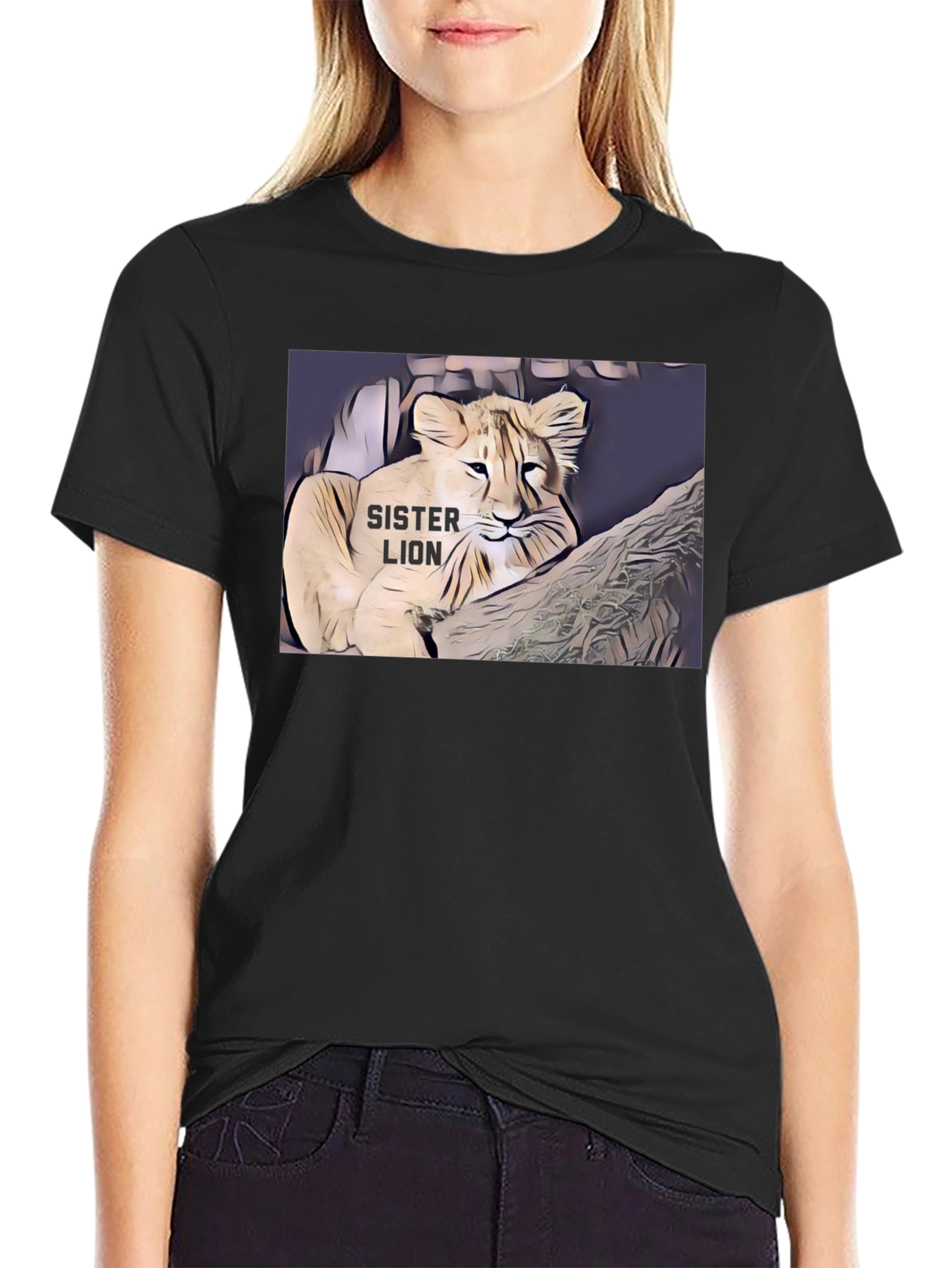 Black Sister Lion Graphic Tee - Black Cotton T-Shirt view 2