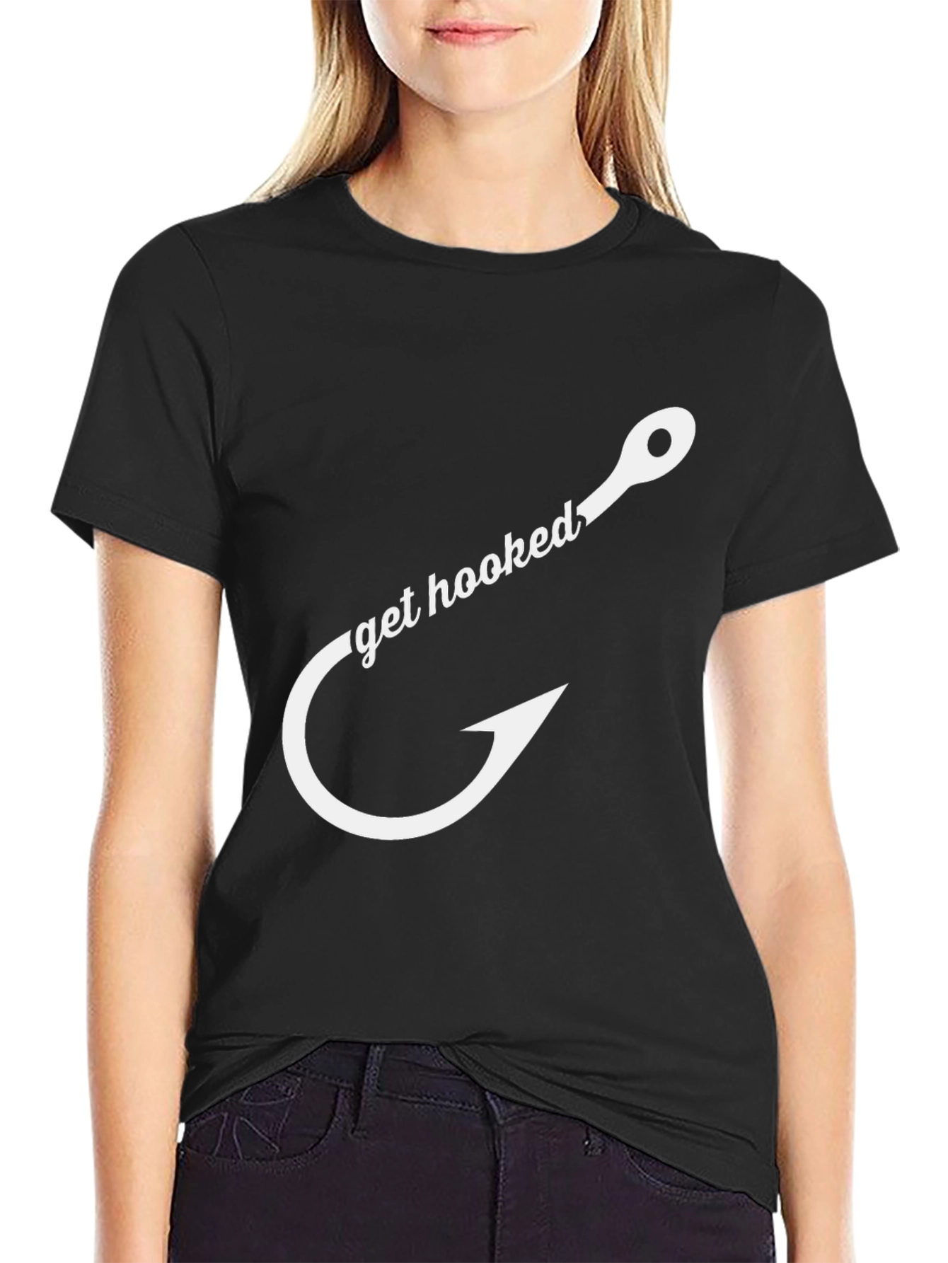 Black Get Hooked Fishing T-Shirt - Black Cotton Tee view 2