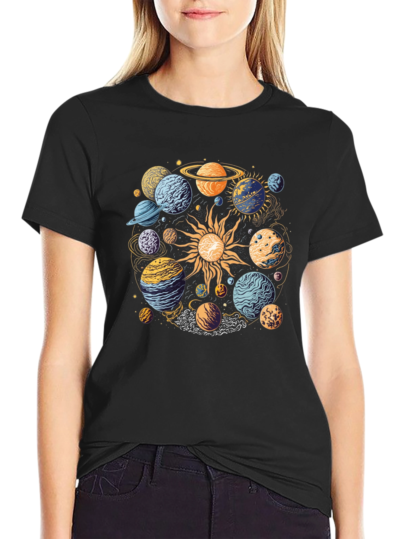 Black Planetary System Graphic T-Shirt - Black Cotton Tee view 2