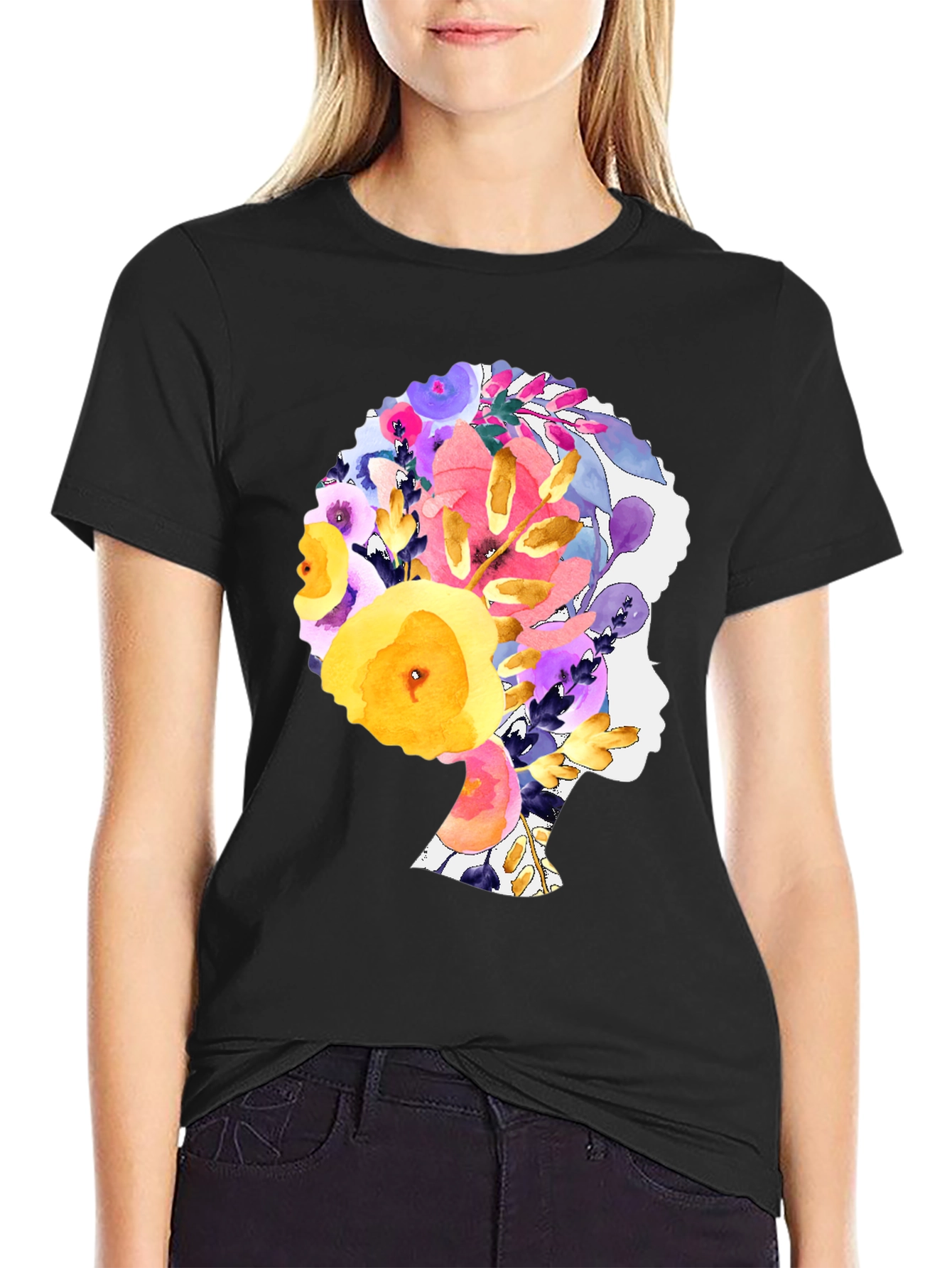 Black Floral Afro Woman Black T-Shirt view 2