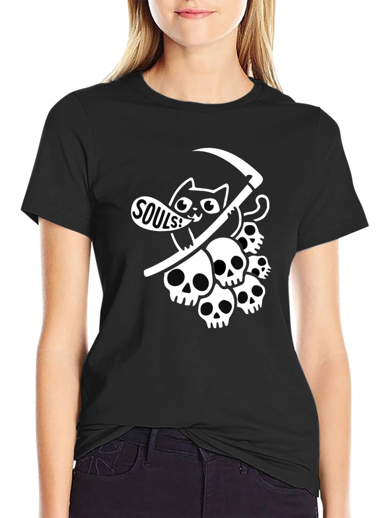 Black Grim Reaper Cat Graphic Tee - Deathly Cute! view 2