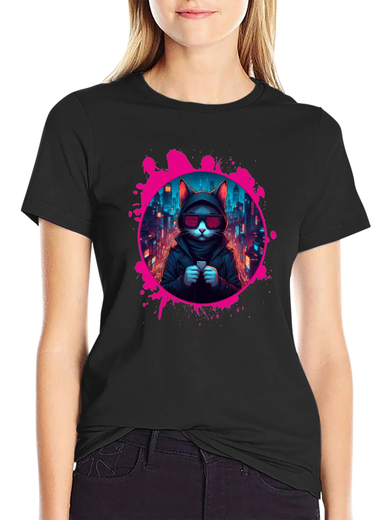 Black Cyberpunk Cat T-Shirt view 2