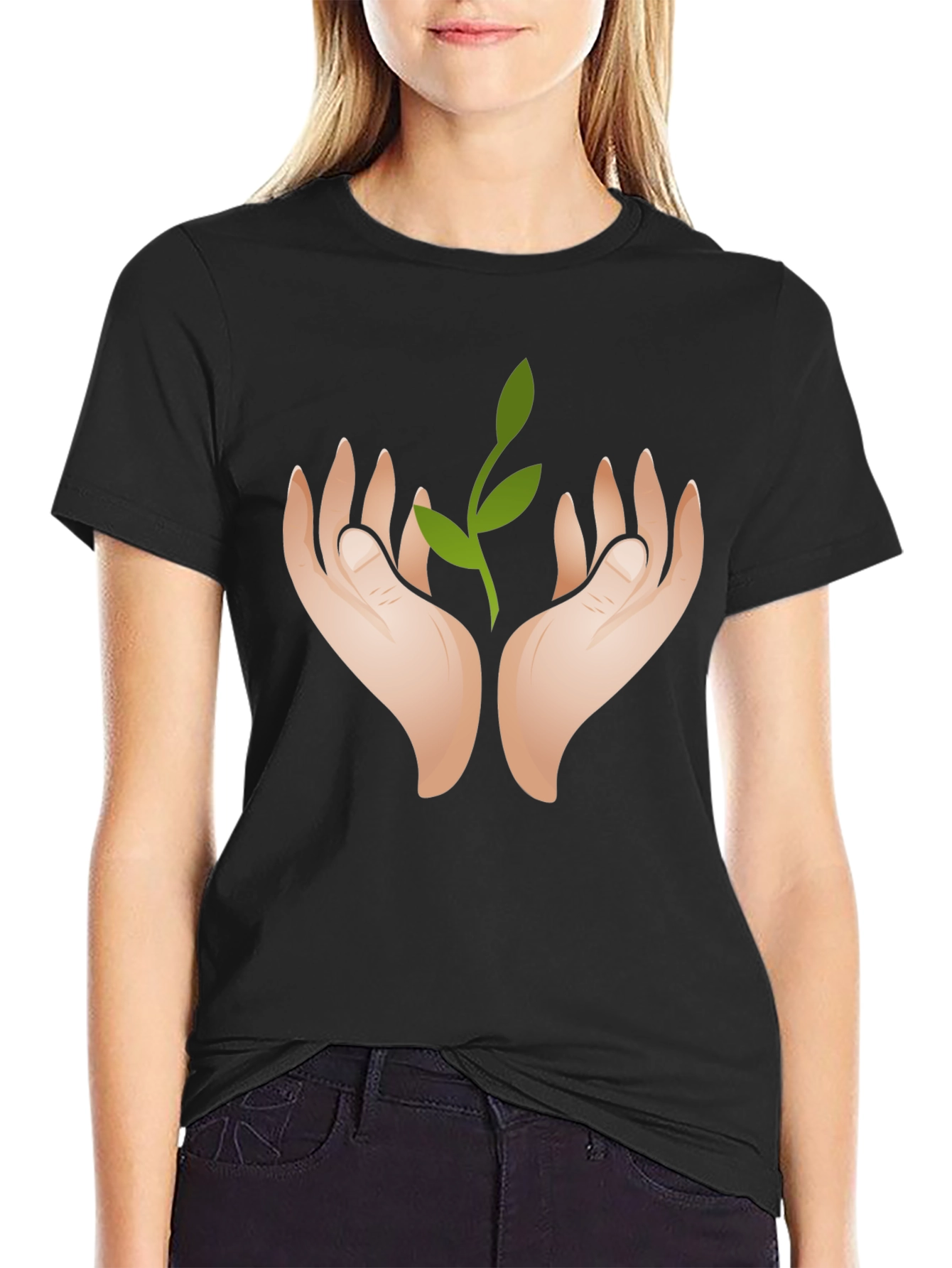 Black Hands Holding Sprout Graphic Black T-Shirt view 2