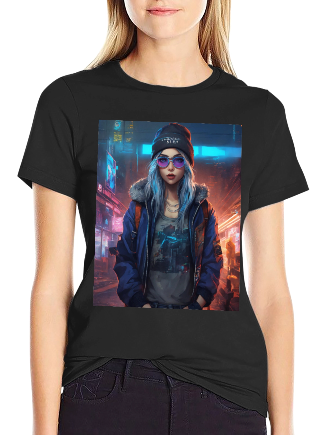 Black Cyberpunk Girl Graphic T-Shirt - Trendy Urban Style view 2
