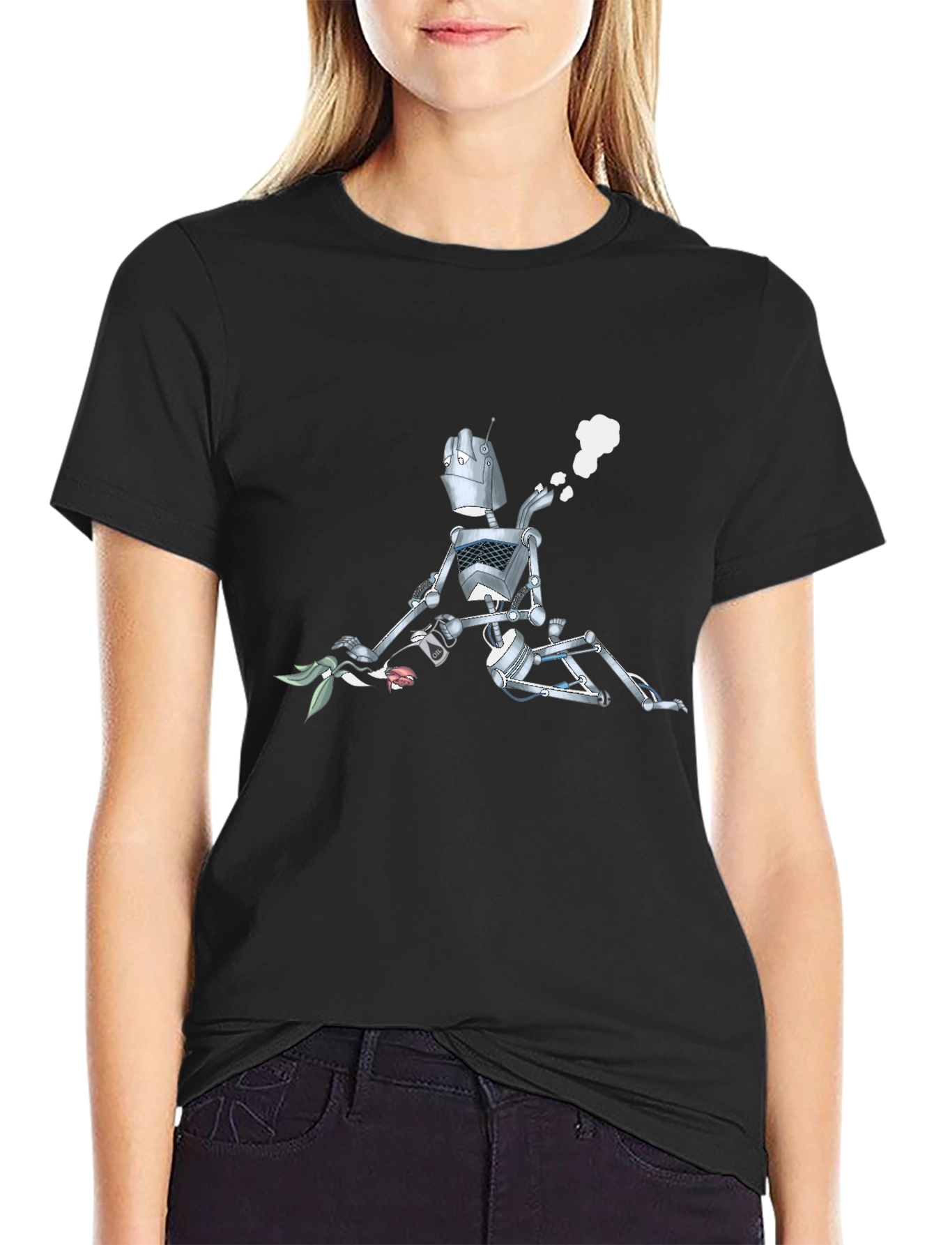 Black Robot with Flowers Graphic T-Shirt - Black view 2