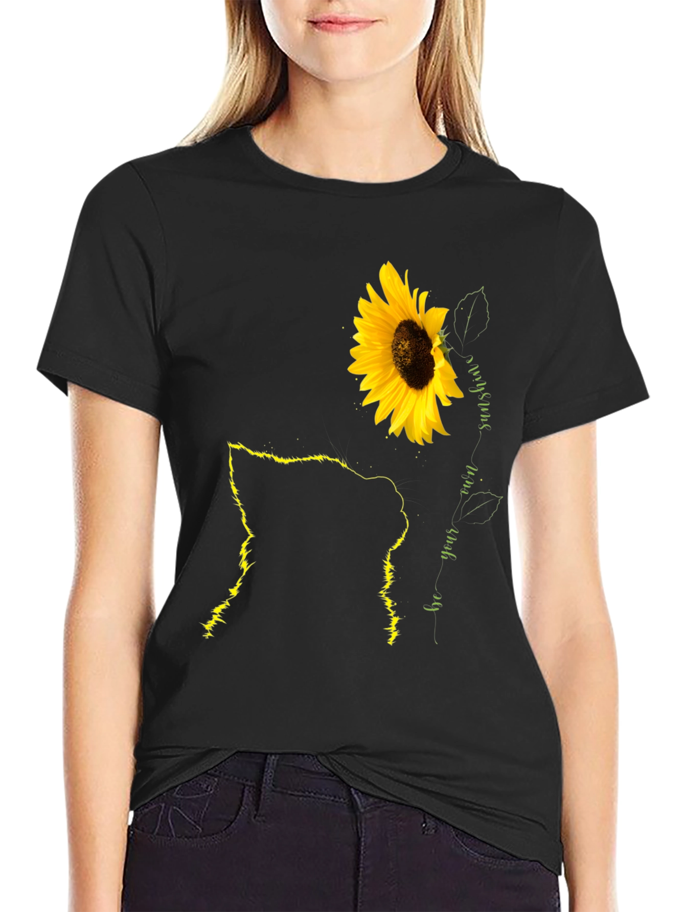 Black Sunflower Cat Lover Black T-Shirt view 2
