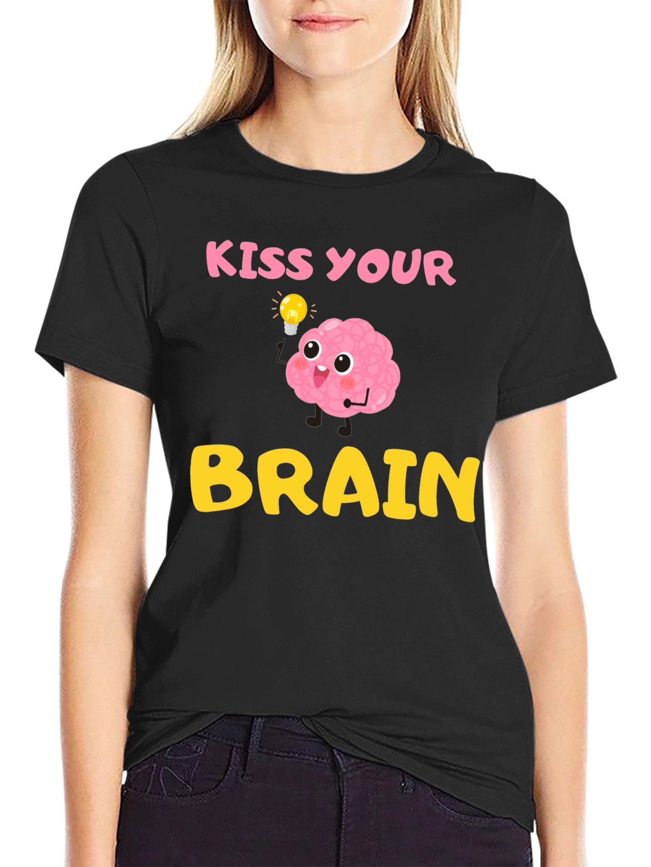 Black Kiss Your Brain T-Shirt - Funny Brain Cartoon Tee view 2