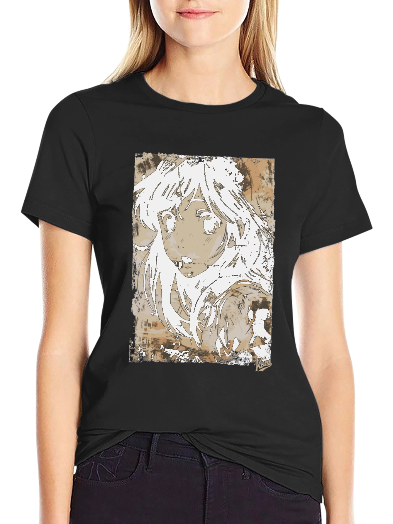 Black Anime Girl Graphic Tee - Stylish Black Cotton T-Shirt view 2