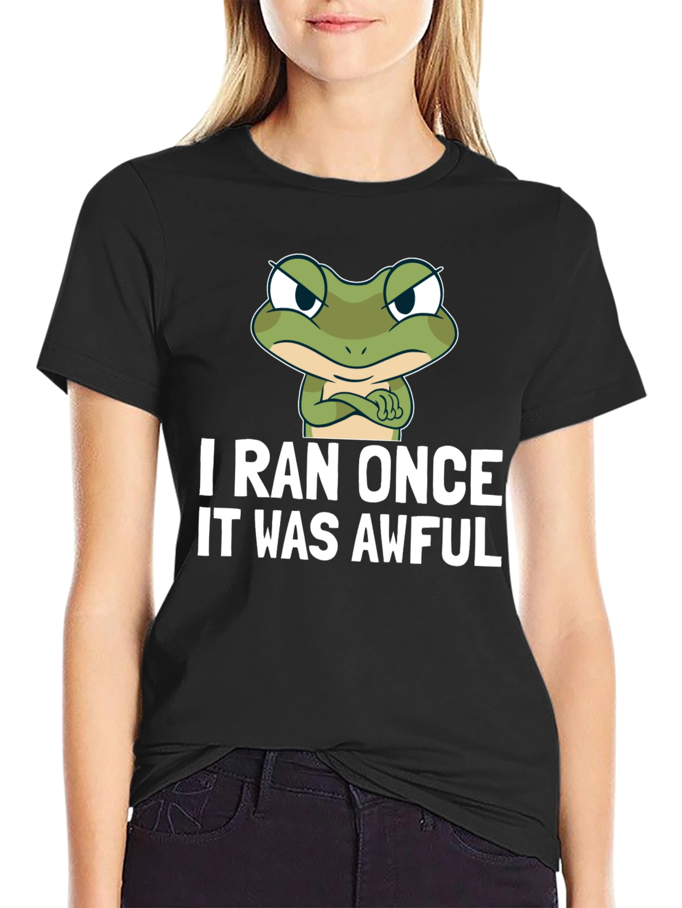 Black Funny Frog Graphic T-Shirt - "I Ran Once It Was Awful" view 2