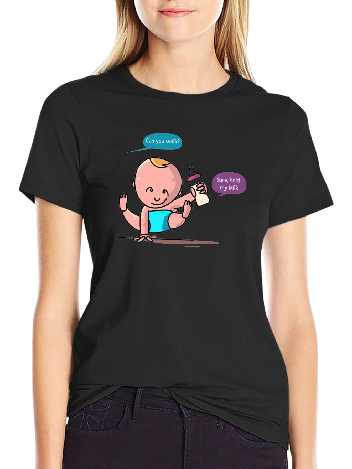 Black Funny Baby Cartoon Print Black T-Shirt view 2