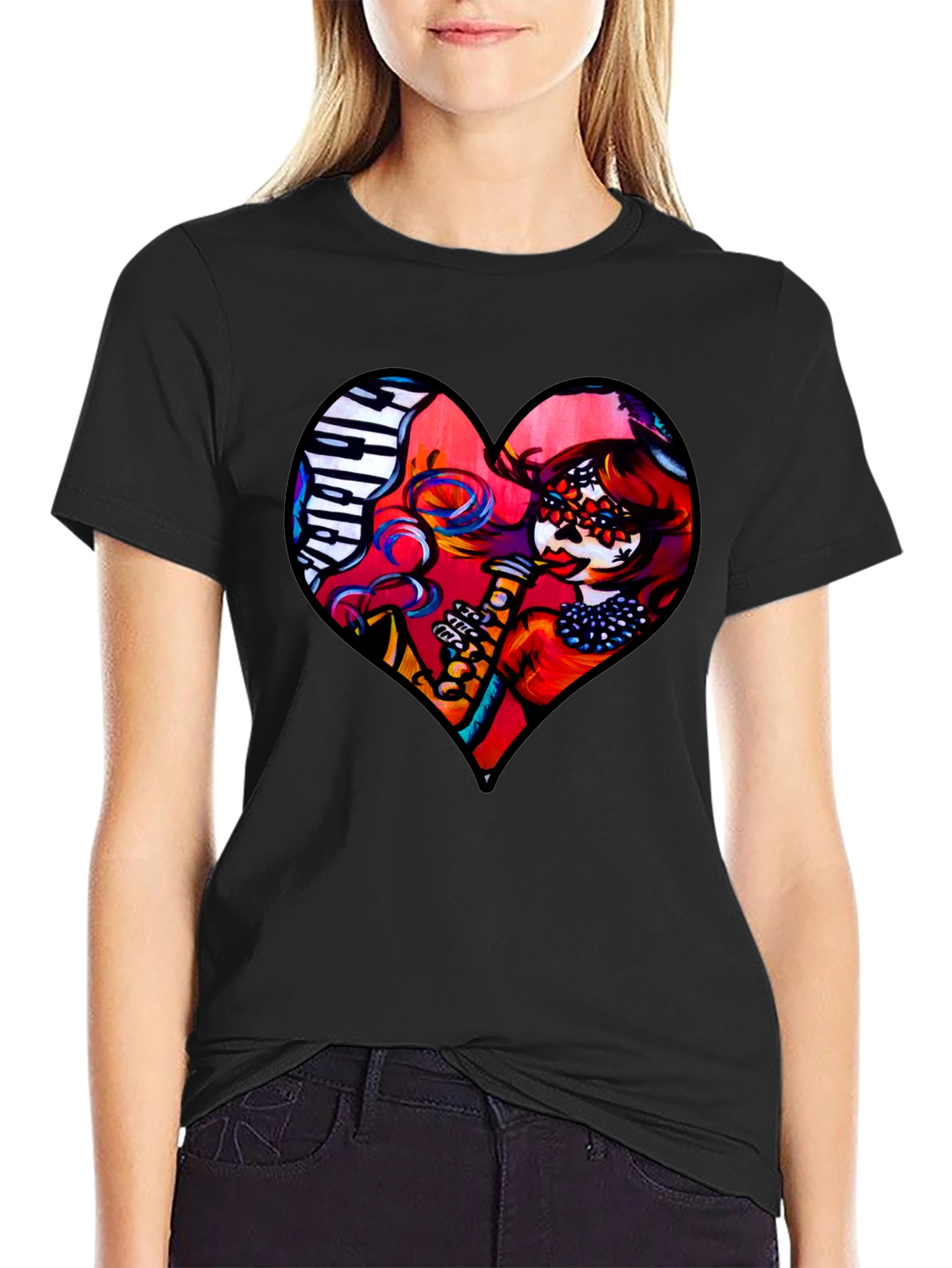 Black Heart Shaped Dia de Los Muertos T-Shirt view 2
