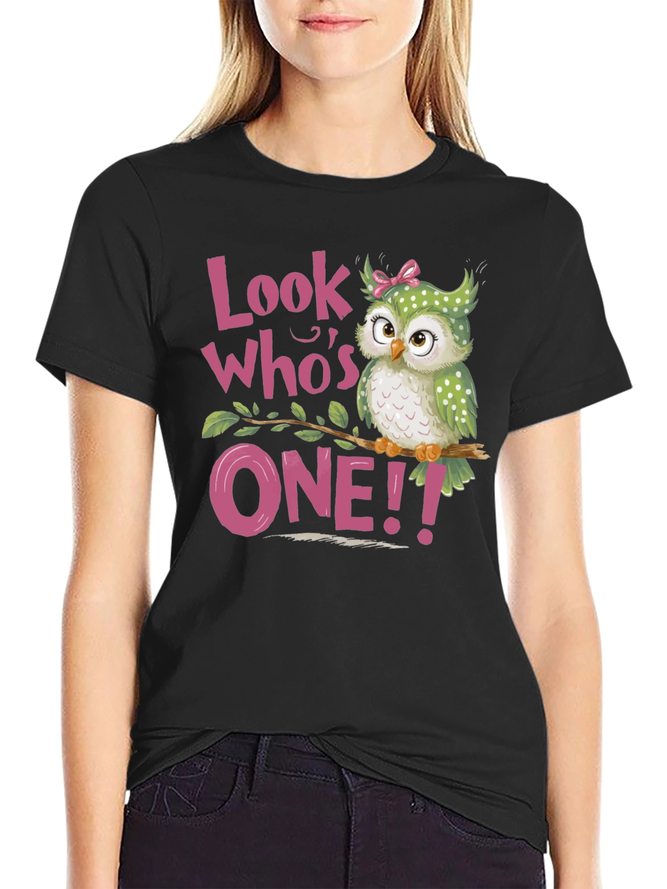 Black Look Who's One! Baby's 1st Birthday Owl T-Shirt view 2