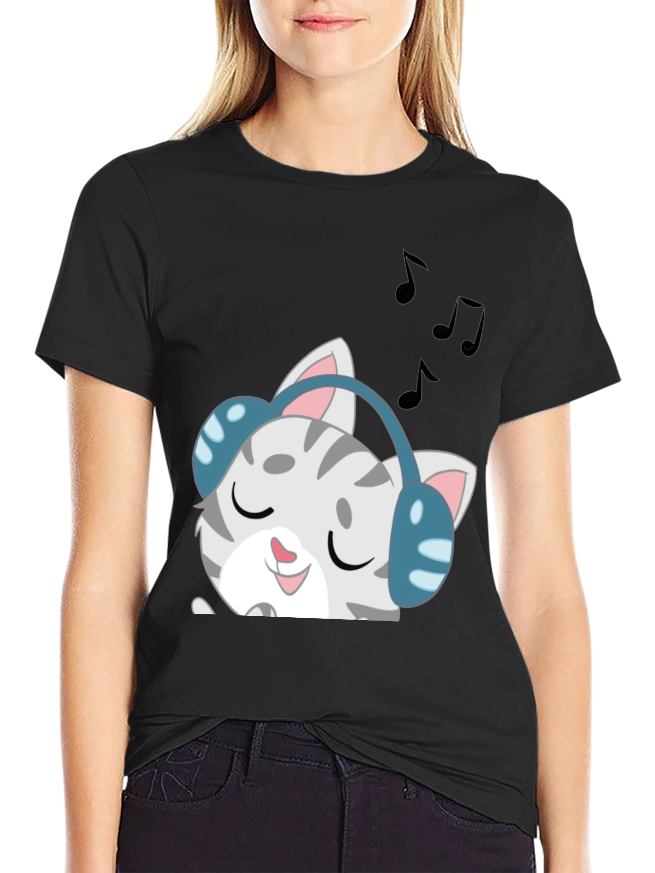 Black Cool Cat Headphones Graphic Tee - Black view 2
