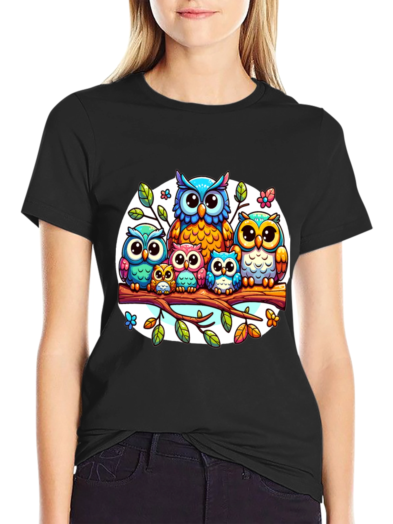 Black Cute Owl Family T-Shirt view 2