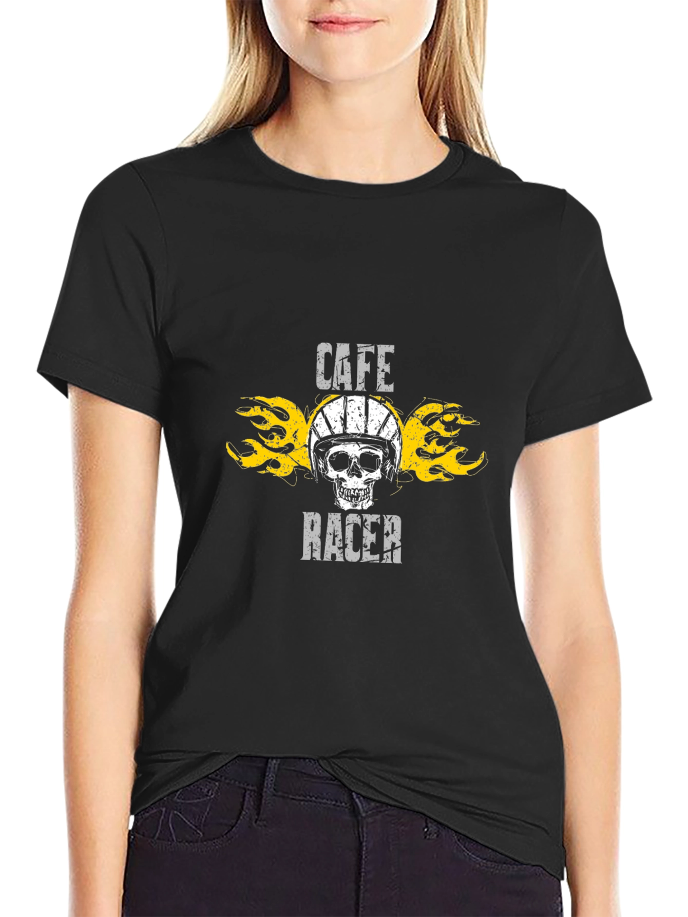 Black Cafe Racer Skull Graphic Black T-Shirt view 2
