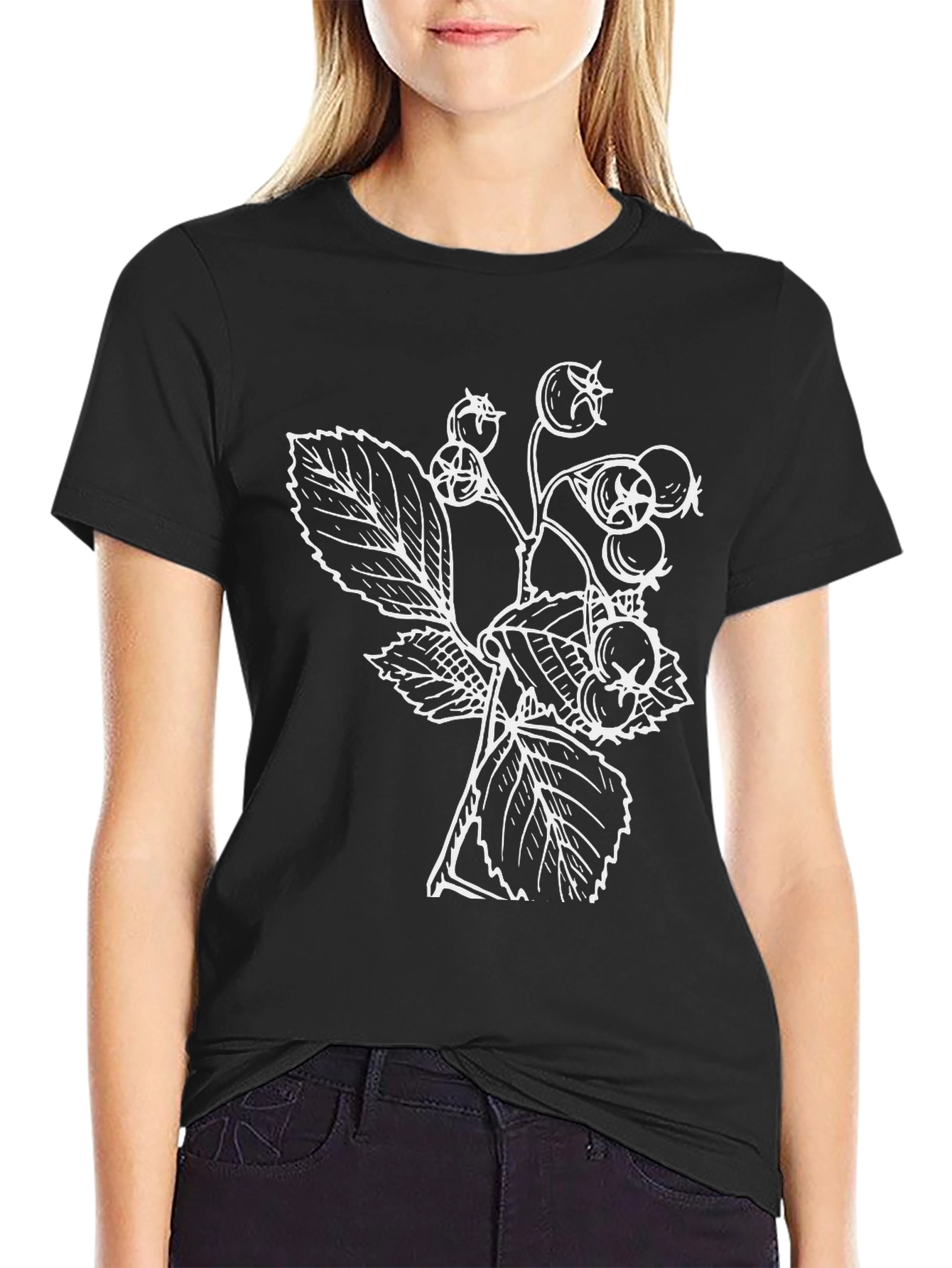 Black Nature Inspired Black T-Shirt with Botanical Print view 2